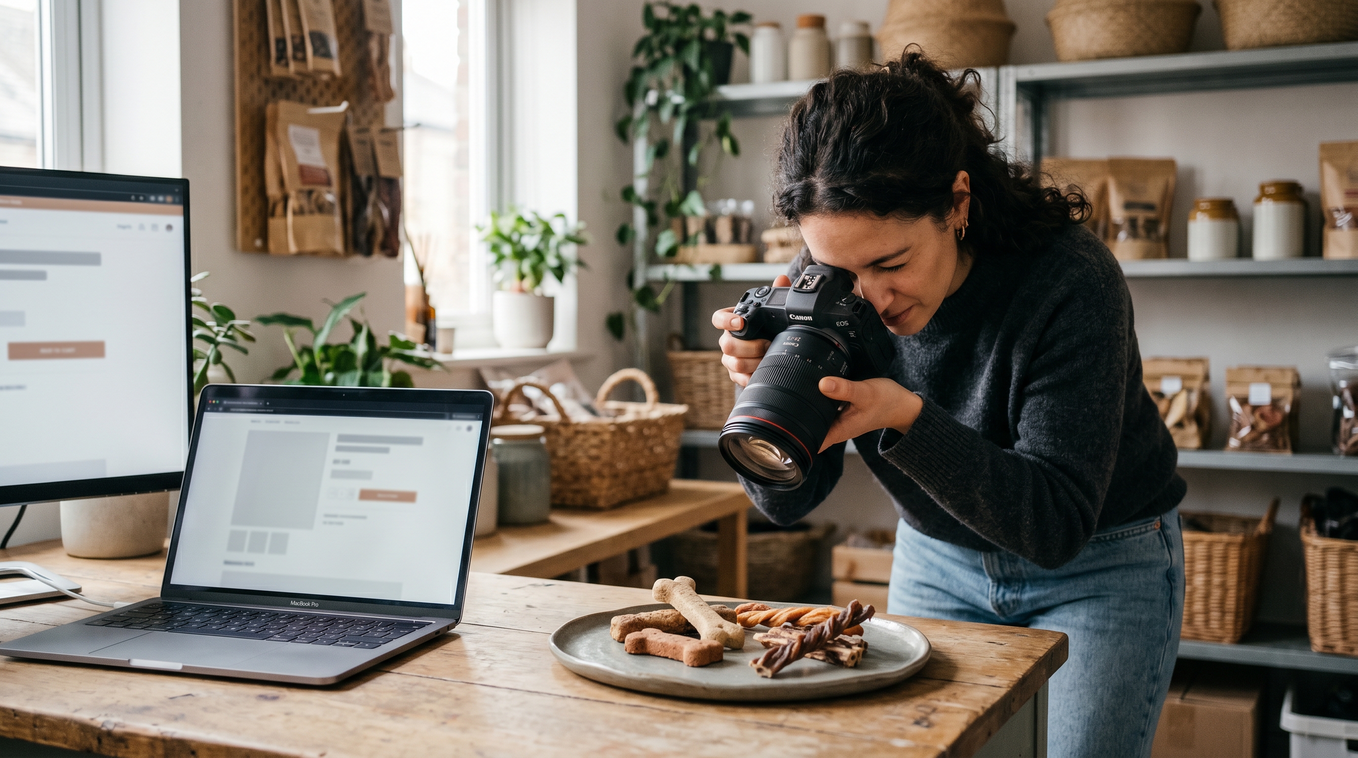 Small business owner photographing dog treats for an online pet store with a laptop showing product pages nearby