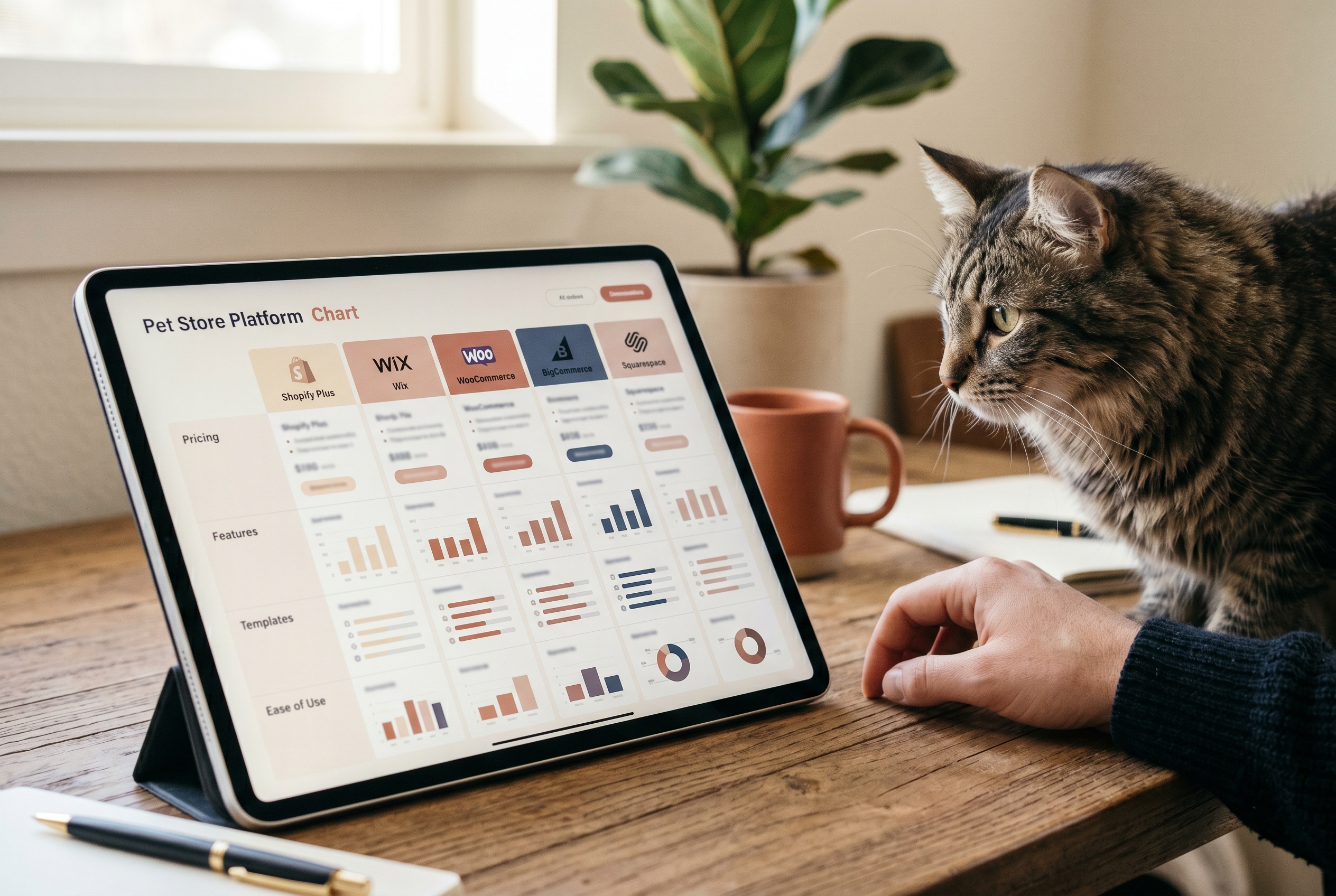 Comparison chart on a tablet screen showing different pet store platforms with cat watching curiously from the side