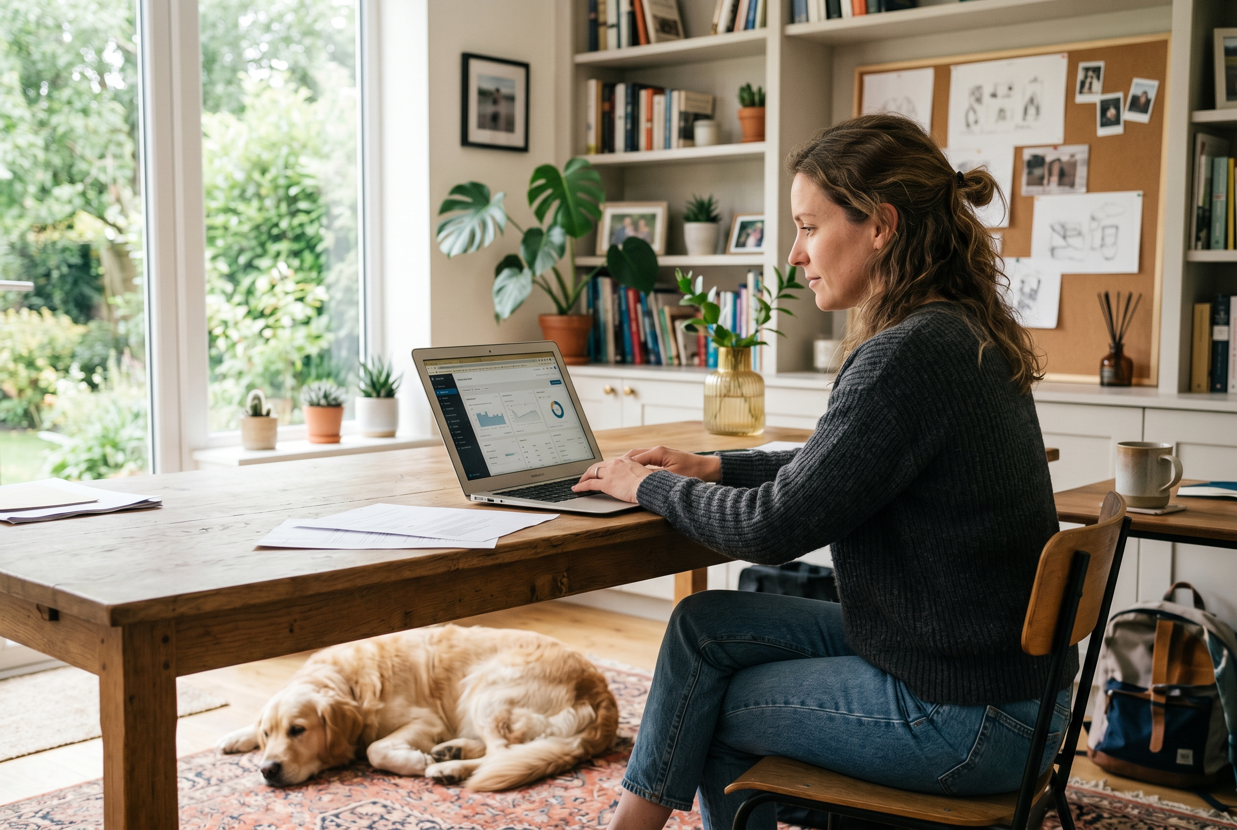 Founder reviewing pet store dashboard on laptop with golden retriever resting at their feet in a bright home office