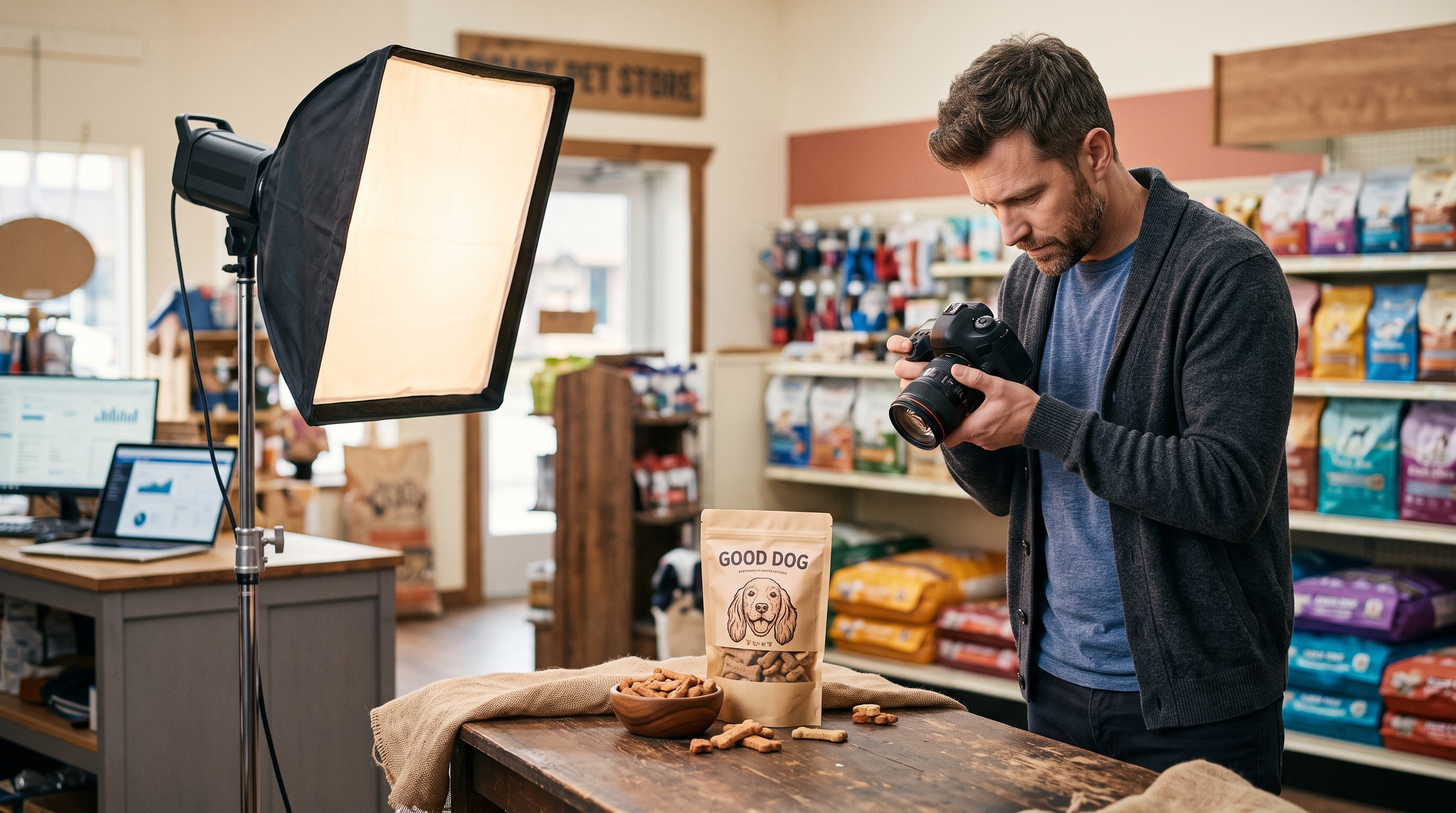 Pet store owner photographing a bag of dog treats on a wooden table with a softbox light nearby