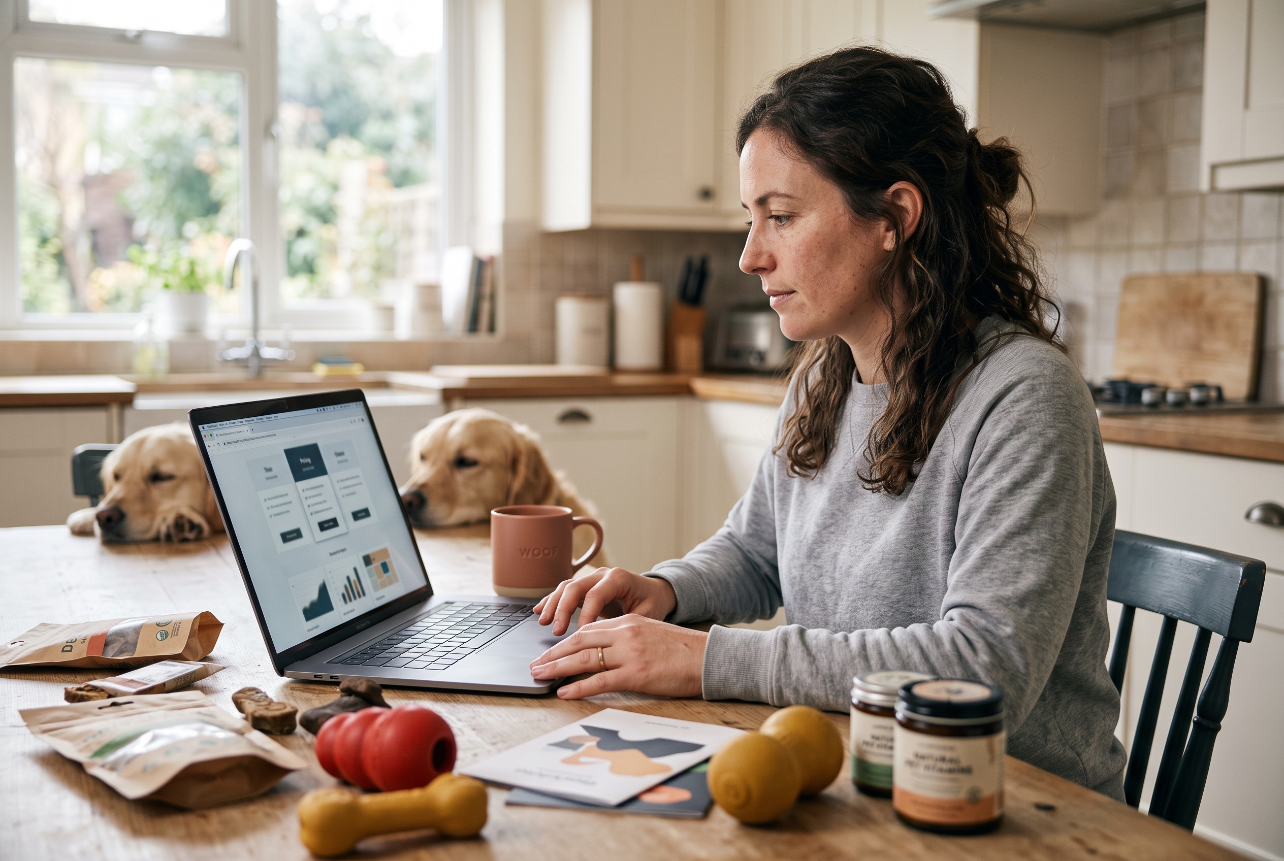 Small business owner comparing pricing plans on a laptop at a kitchen table surrounded by pet product samples