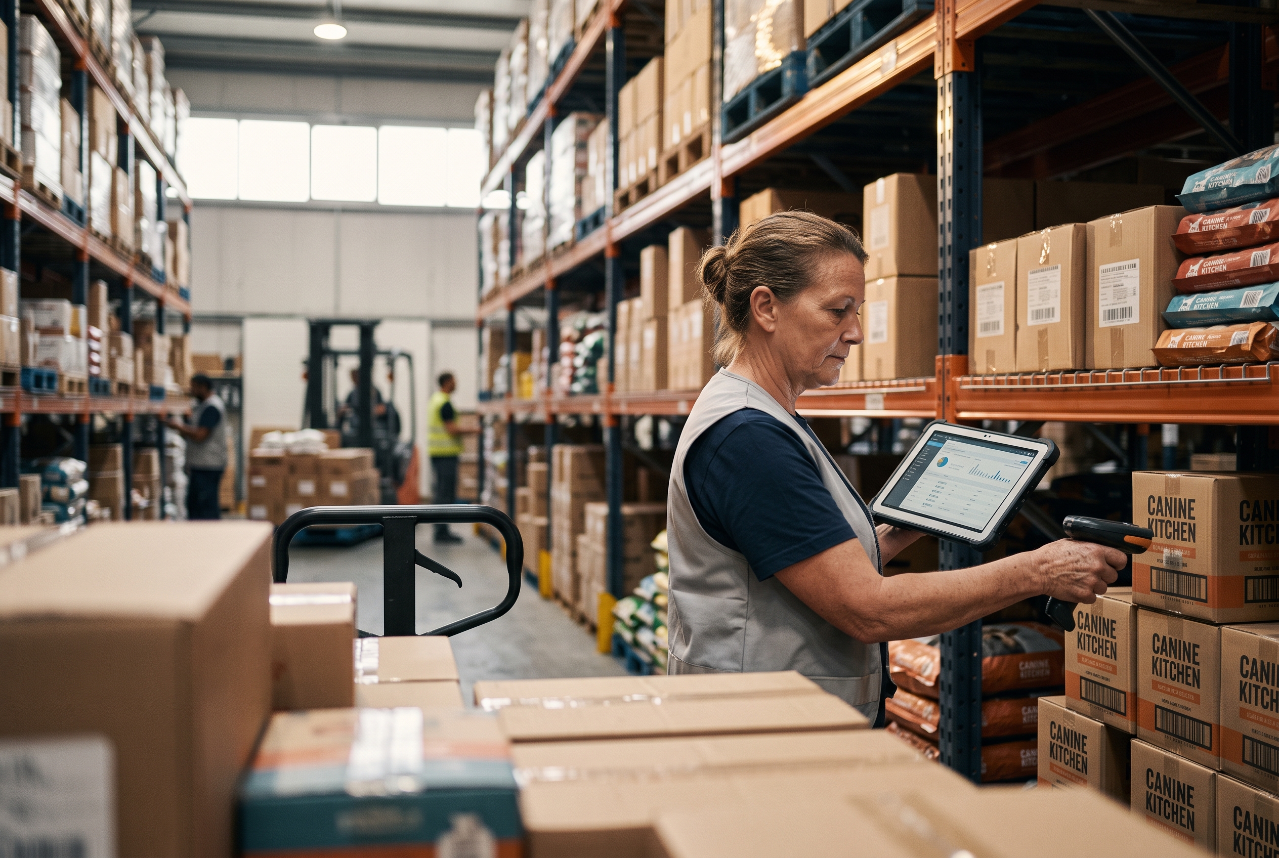 Warehouse worker scanning boxes of pet food on a shelf while checking inventory on a tablet
