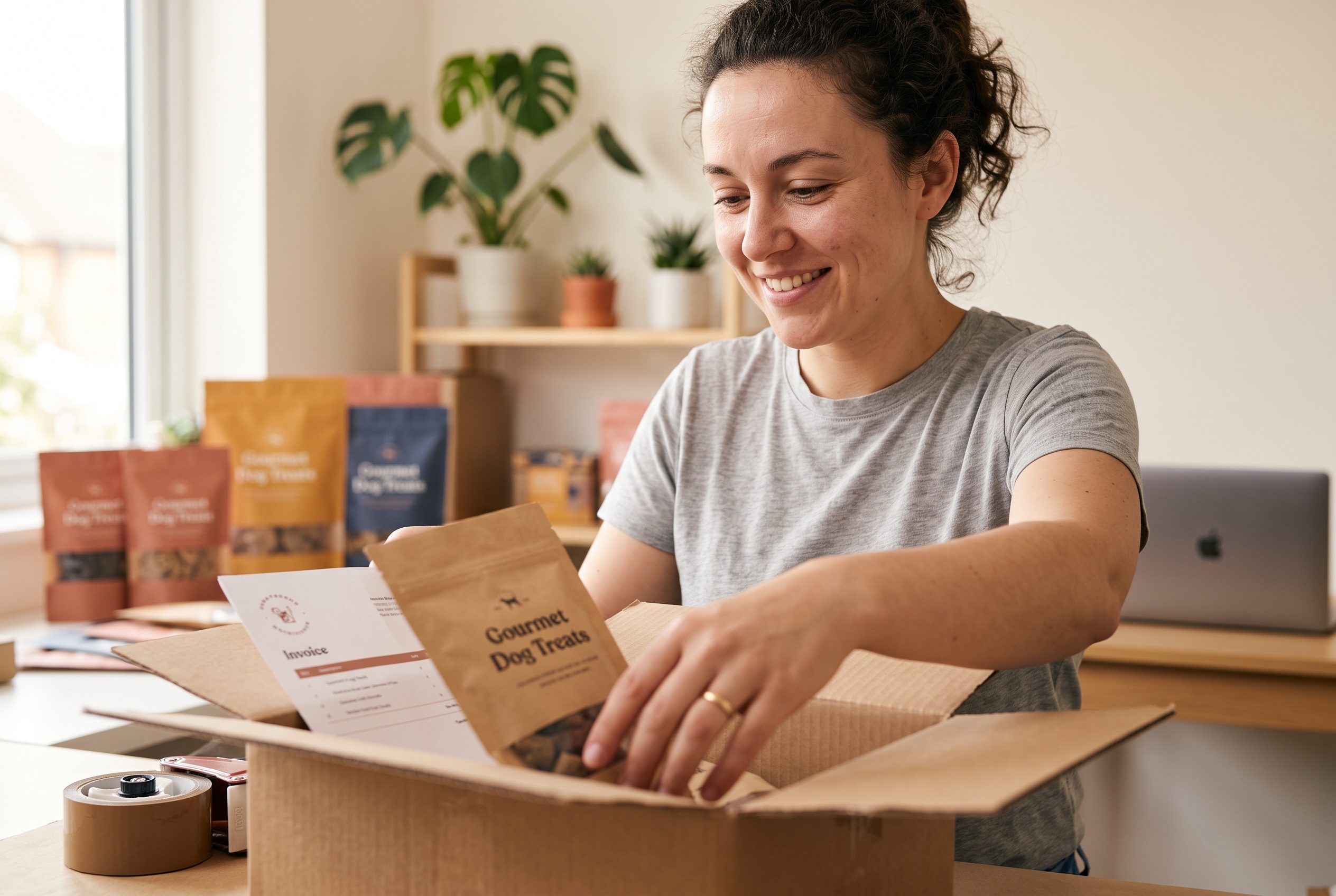 Founder smiling while packing a customer order of pet supplies into a shipping box at a bright home studio