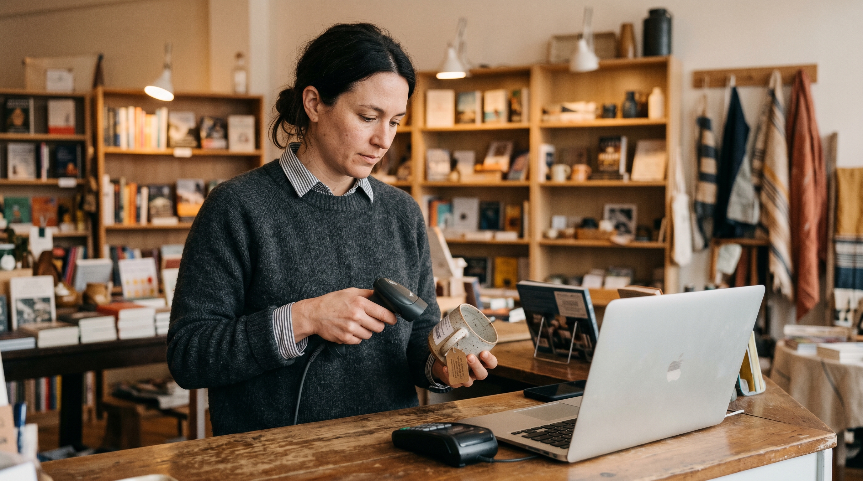 Shop owner scanning a product at the register while a laptop shows the online store on the counter beside her