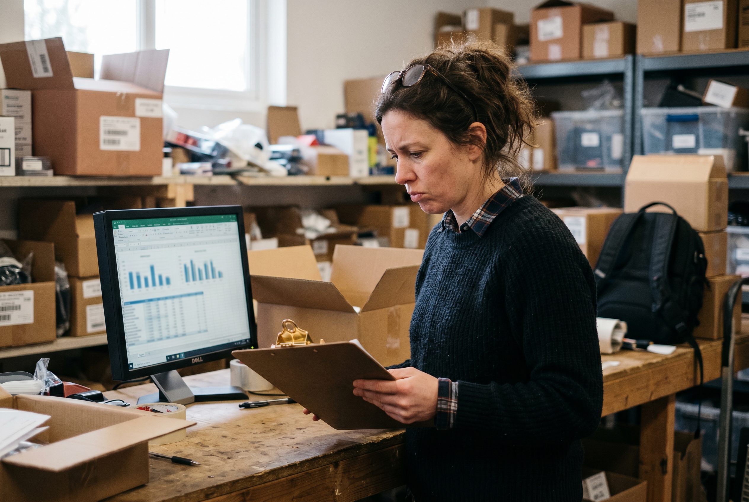 Frustrated retail manager comparing stock numbers on a clipboard against a screen in a cluttered back-room stockroom