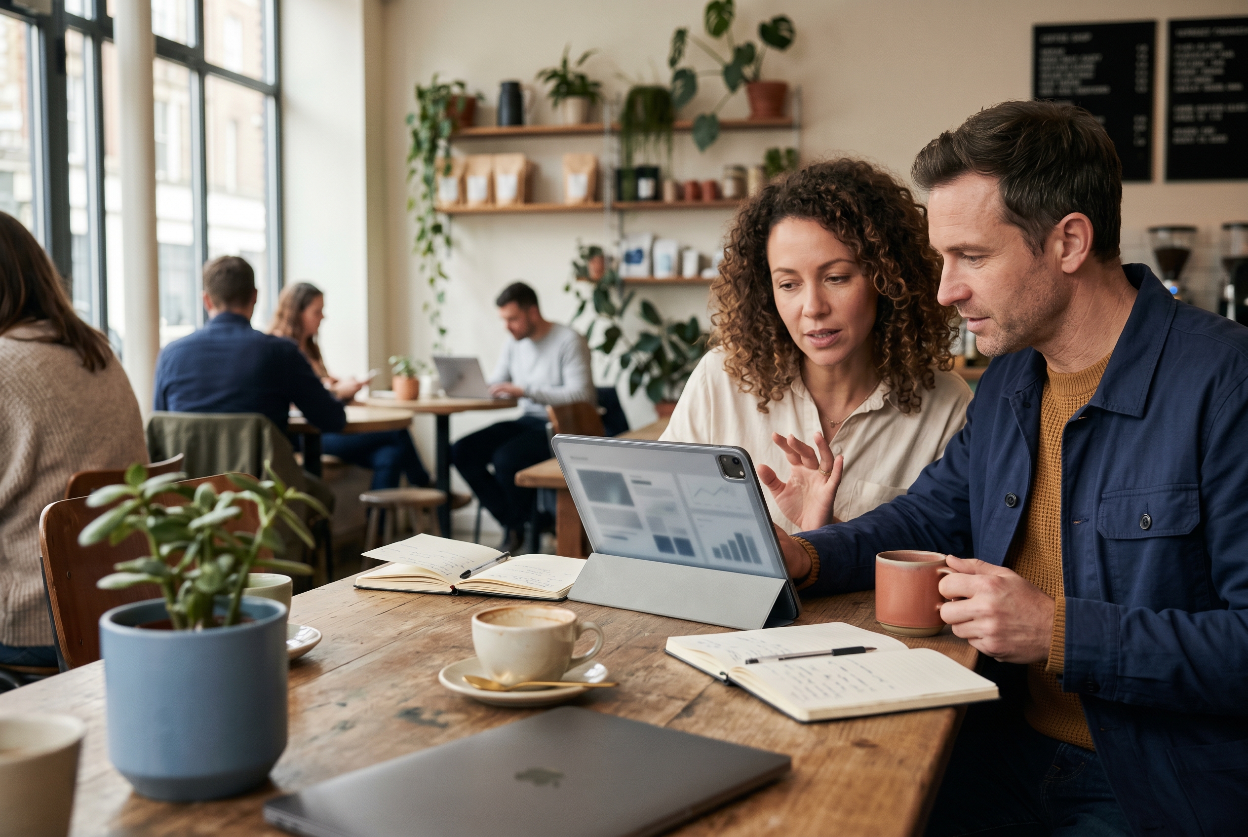 Two small business partners reviewing platform options on a tablet at a wooden cafe table with coffee and notebooks