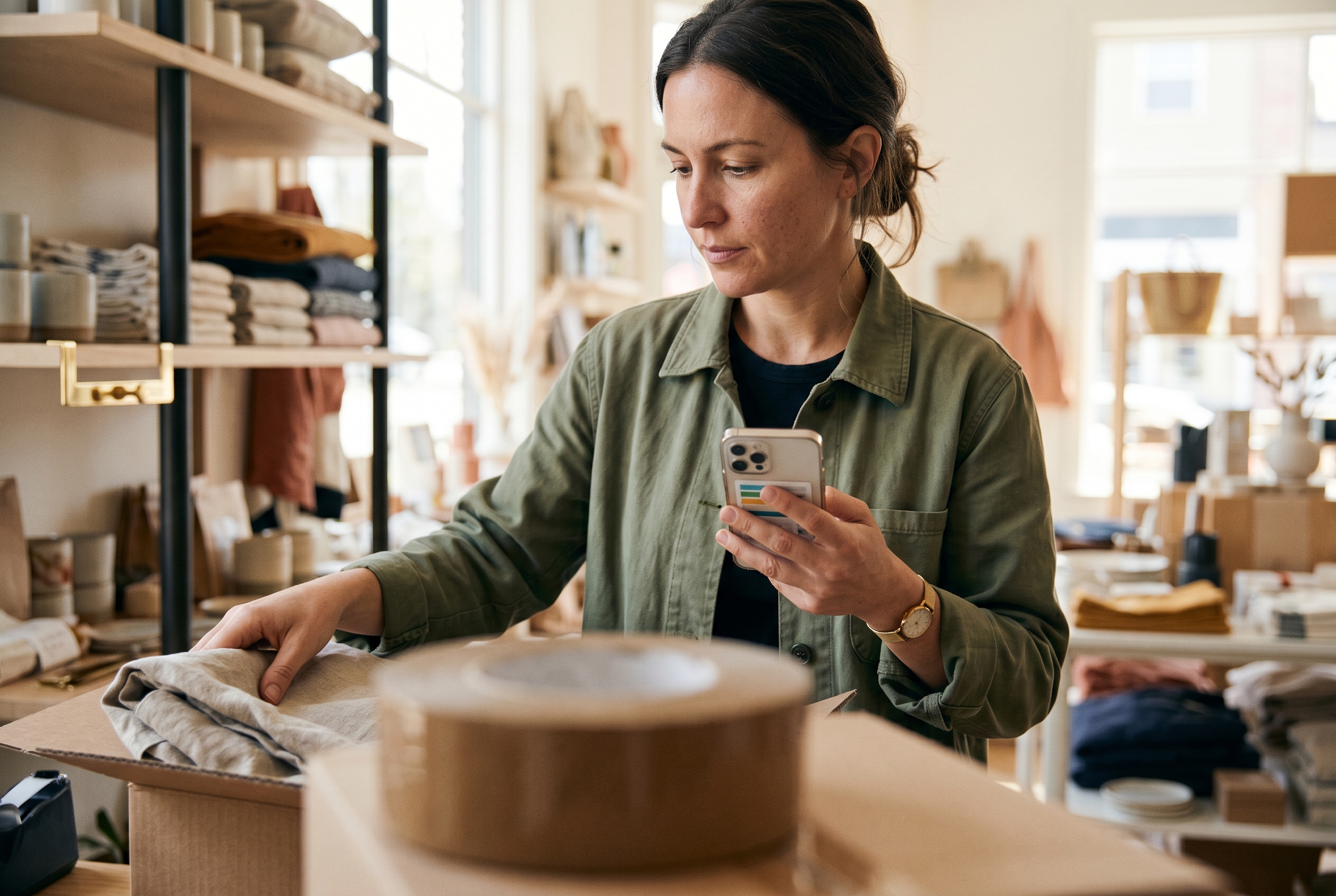 Boutique owner packing an online order from the same shelves she sells from on the shop floor, phone in hand checking stock