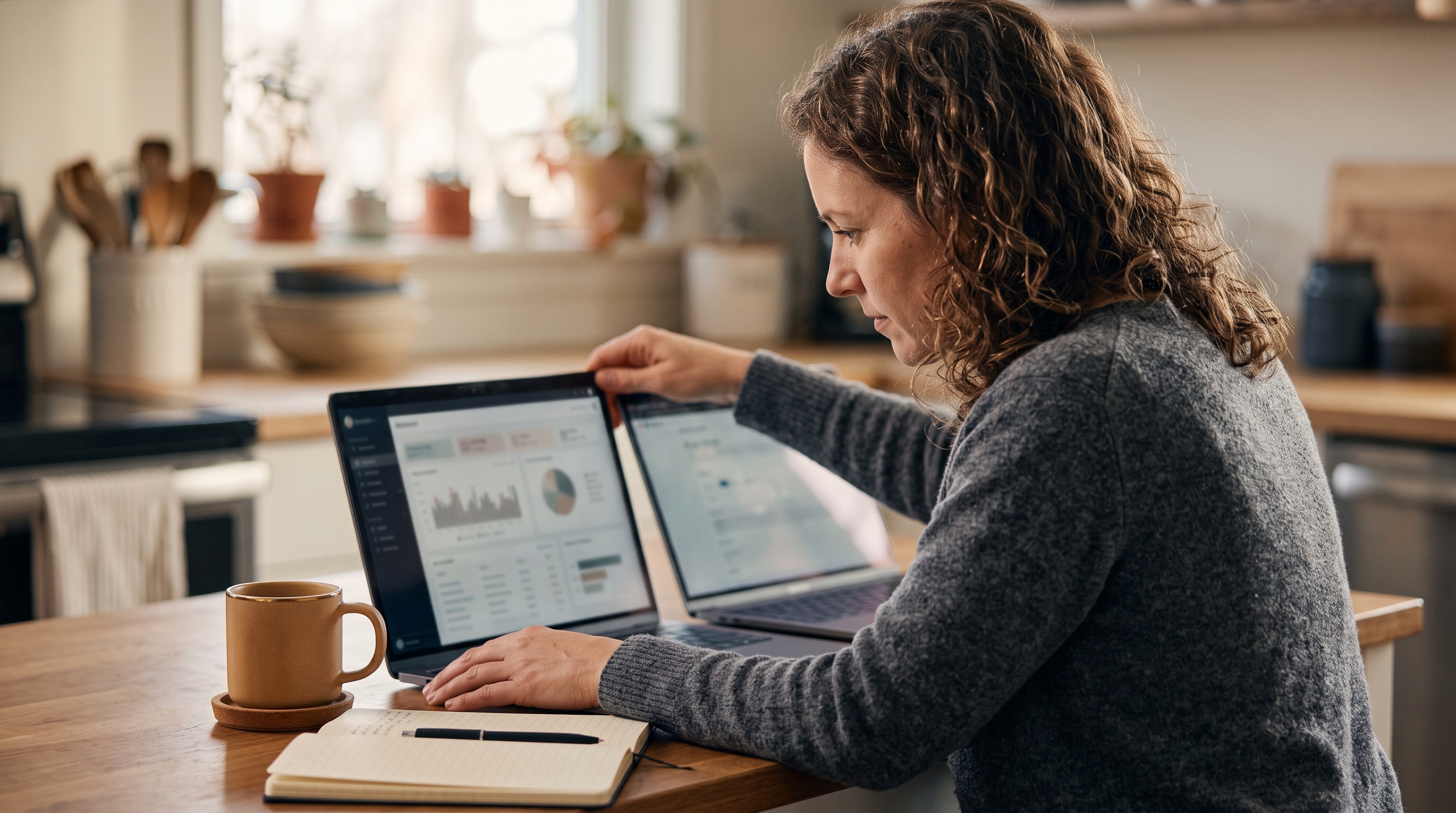 Small business owner comparing two laptop screens at a kitchen table with coffee and a notebook nearby