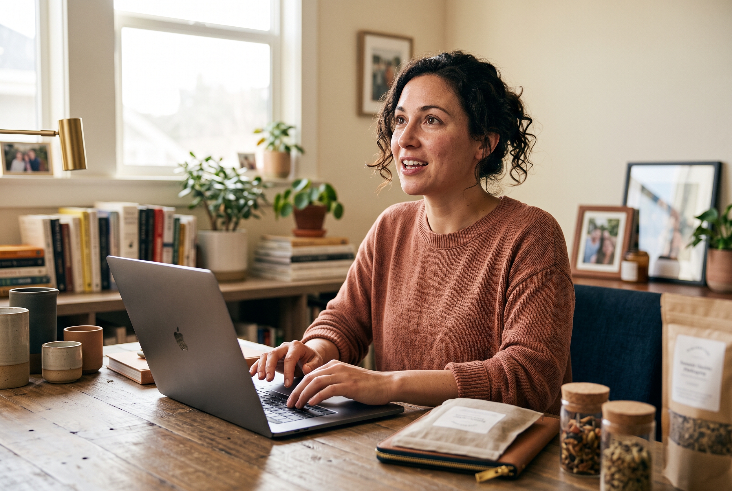 Founder describing her business out loud while typing on a laptop in a bright home office with product samples on the desk