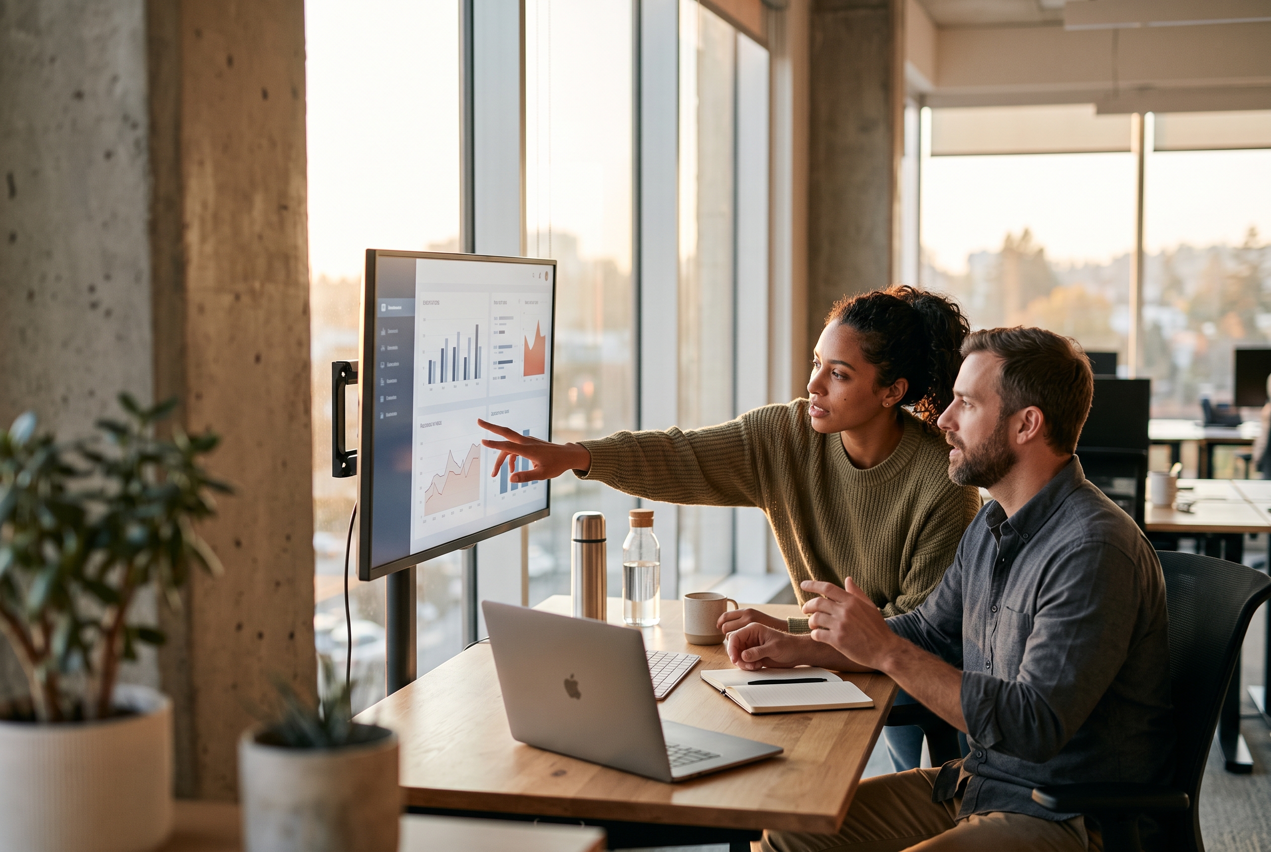 Two people reviewing a store's traffic and sales trends on a large monitor in a modern office at golden hour