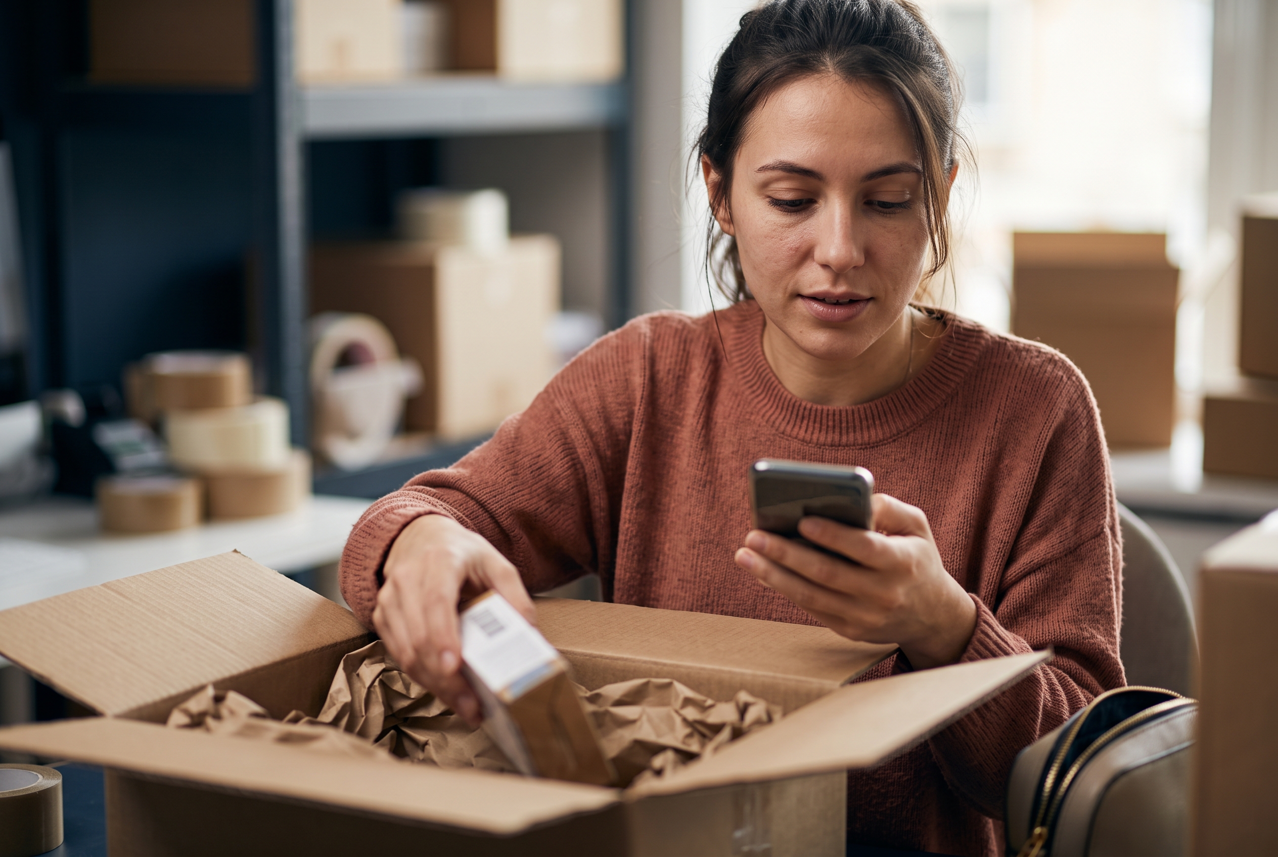 Entrepreneur packing customer orders into shipping boxes in a small warehouse while checking her phone