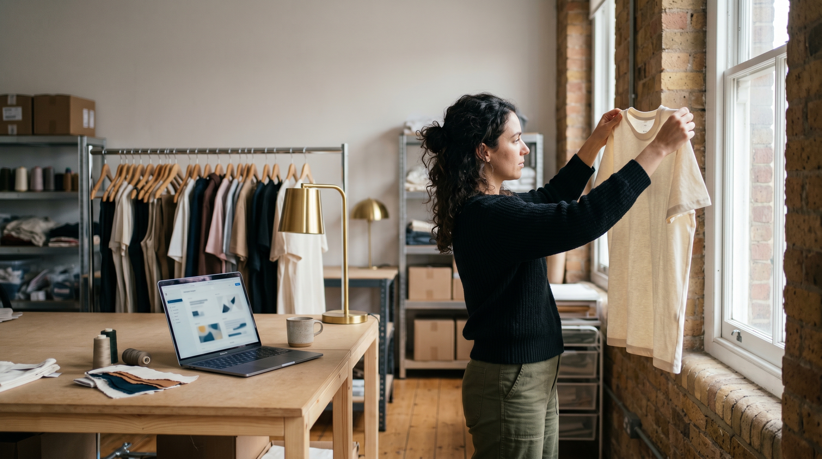 Apparel founder holding a sample t-shirt up to the light in a small studio with a clothing rack behind her