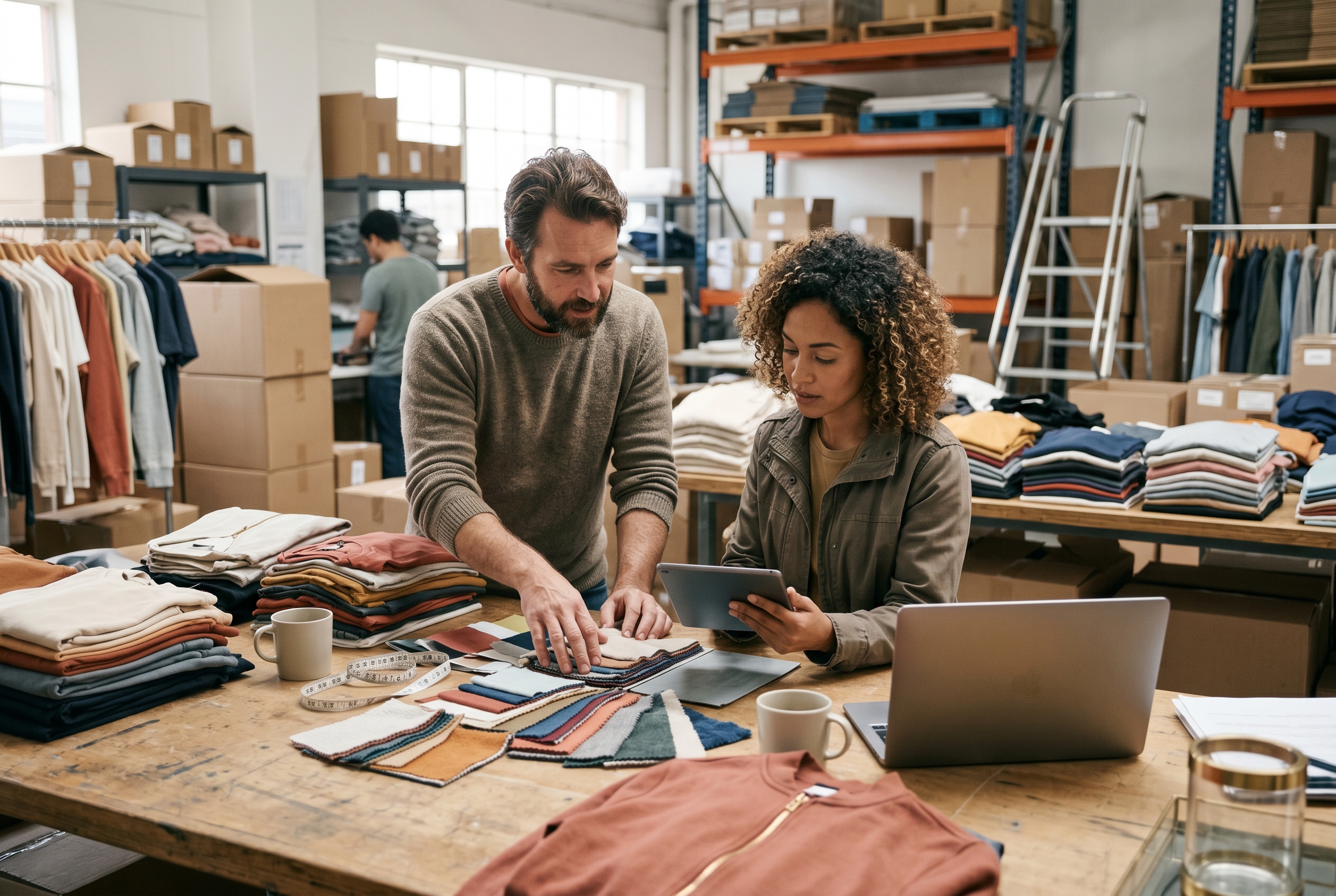 Two business partners reviewing fabric swatches and a cost spreadsheet on a tablet at a warehouse table stacked with folded apparel