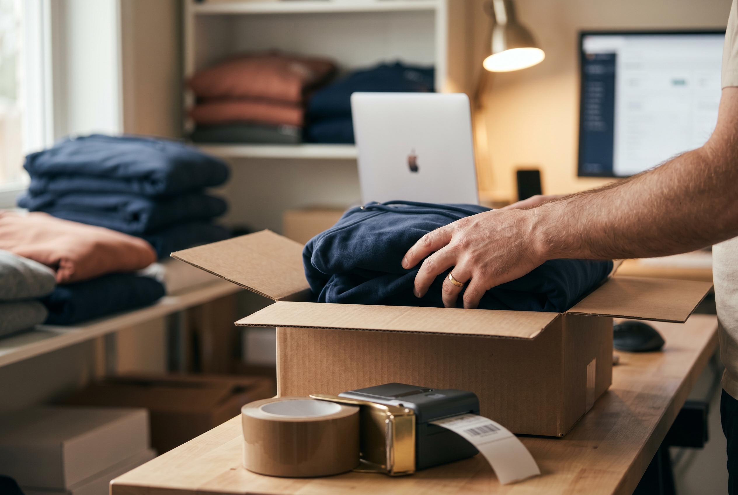 Small business owner packing folded hoodies into a shipping box at a home studio with a printer and label maker nearby