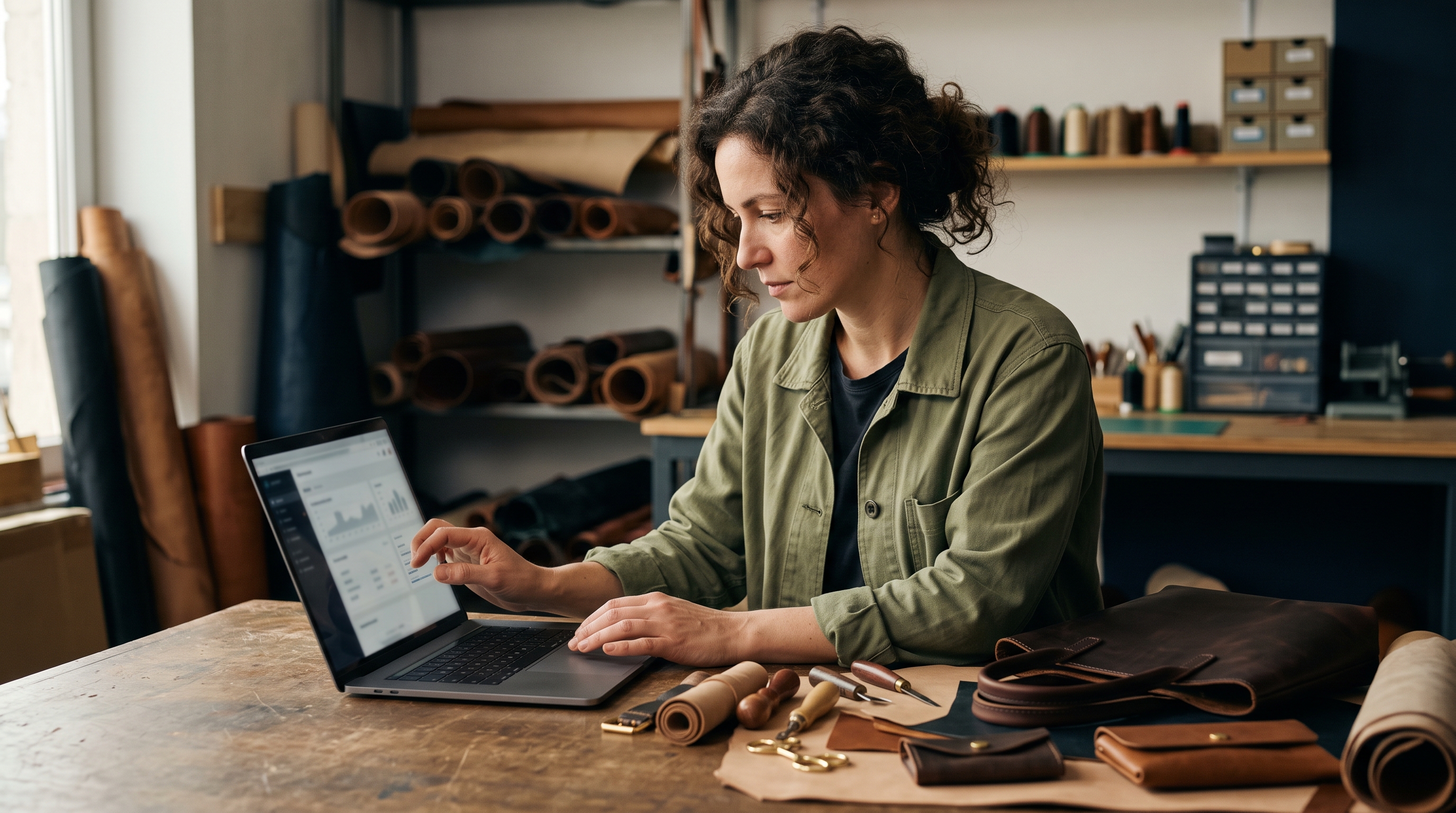 Small business owner adjusting product options on a laptop beside handmade leather goods on a workshop bench