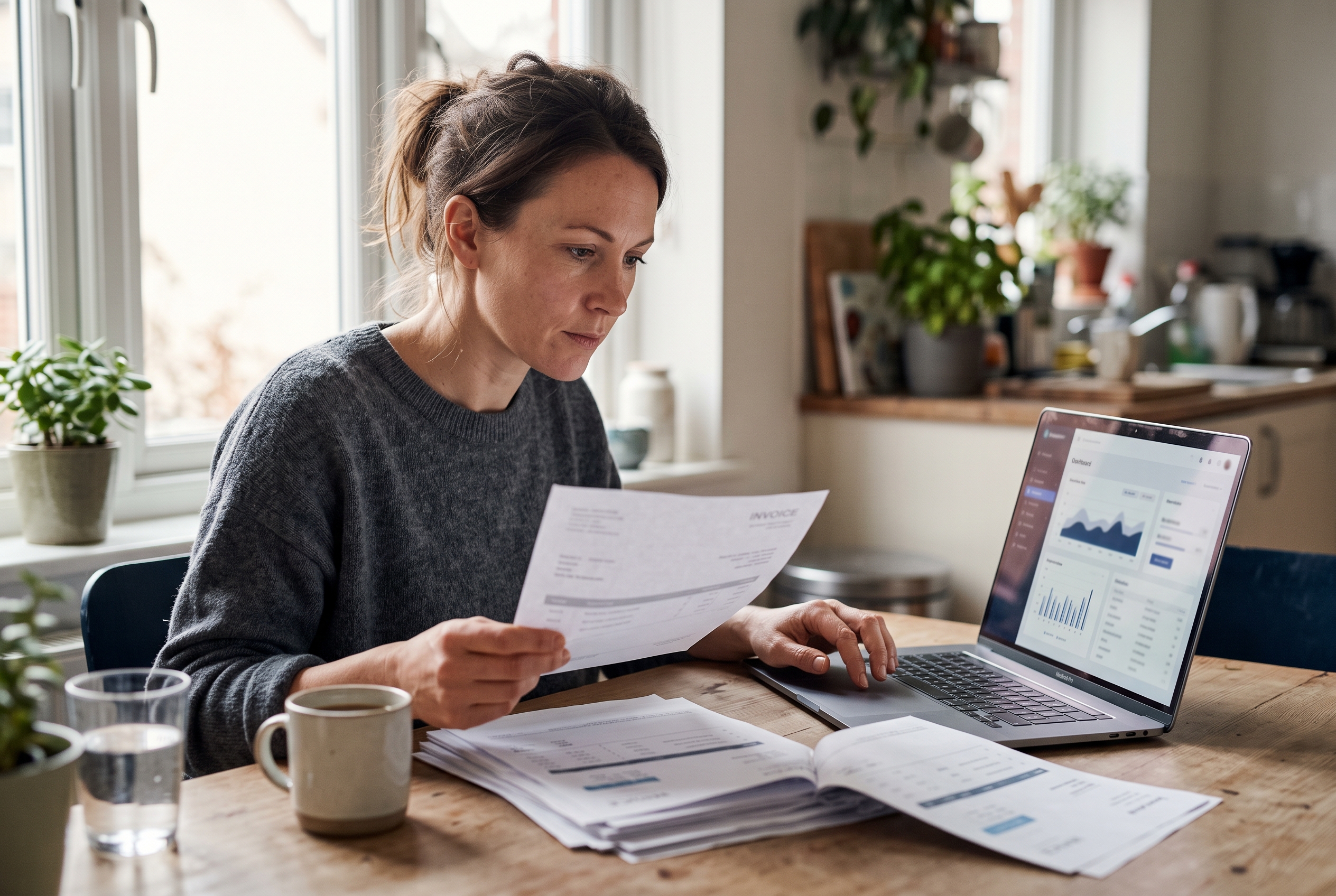 Founder reviewing a stack of app invoices and a laptop dashboard at a kitchen table with morning coffee