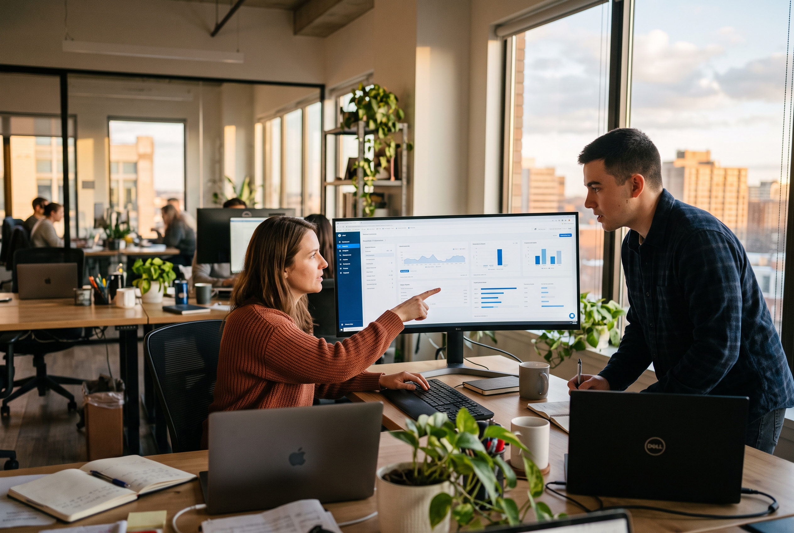 Two coworkers comparing product option settings on a wide monitor in a bright office at golden hour