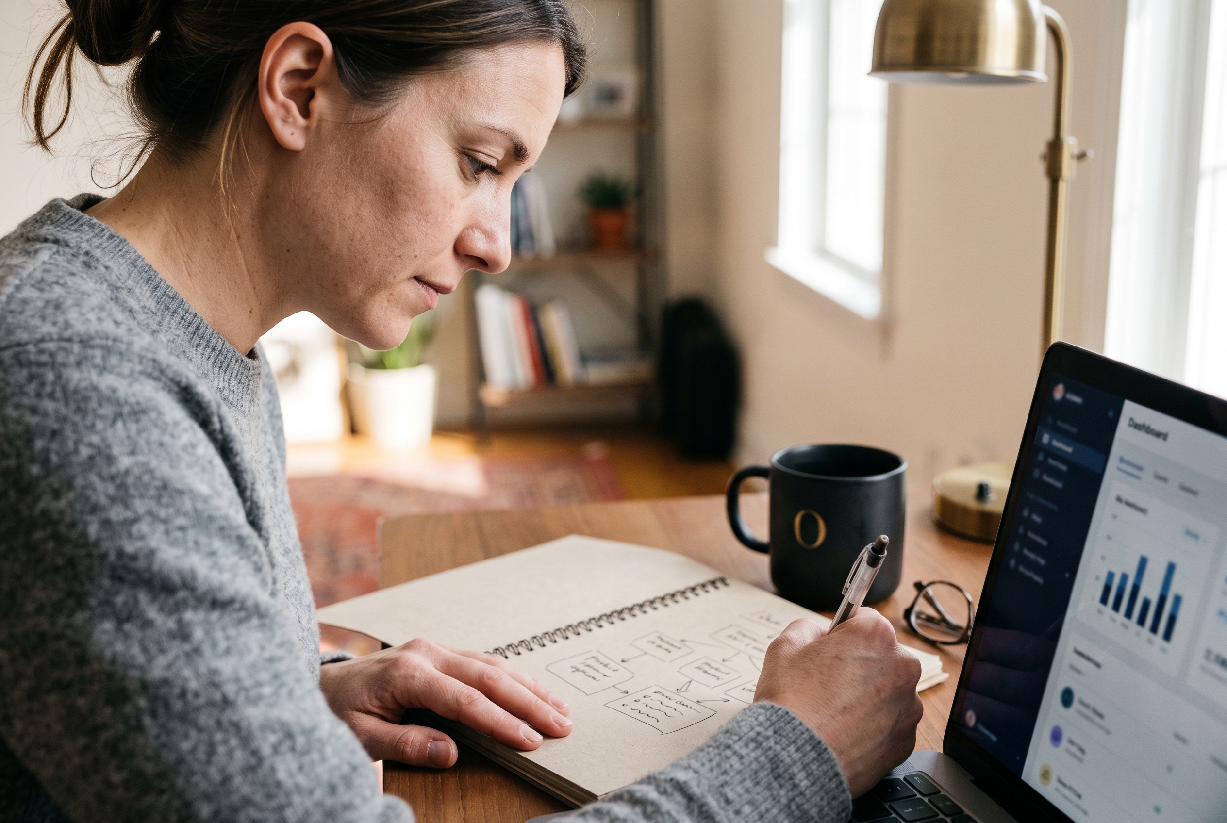 Store owner sketching product option flows on a notepad next to an open laptop in a sunlit home office