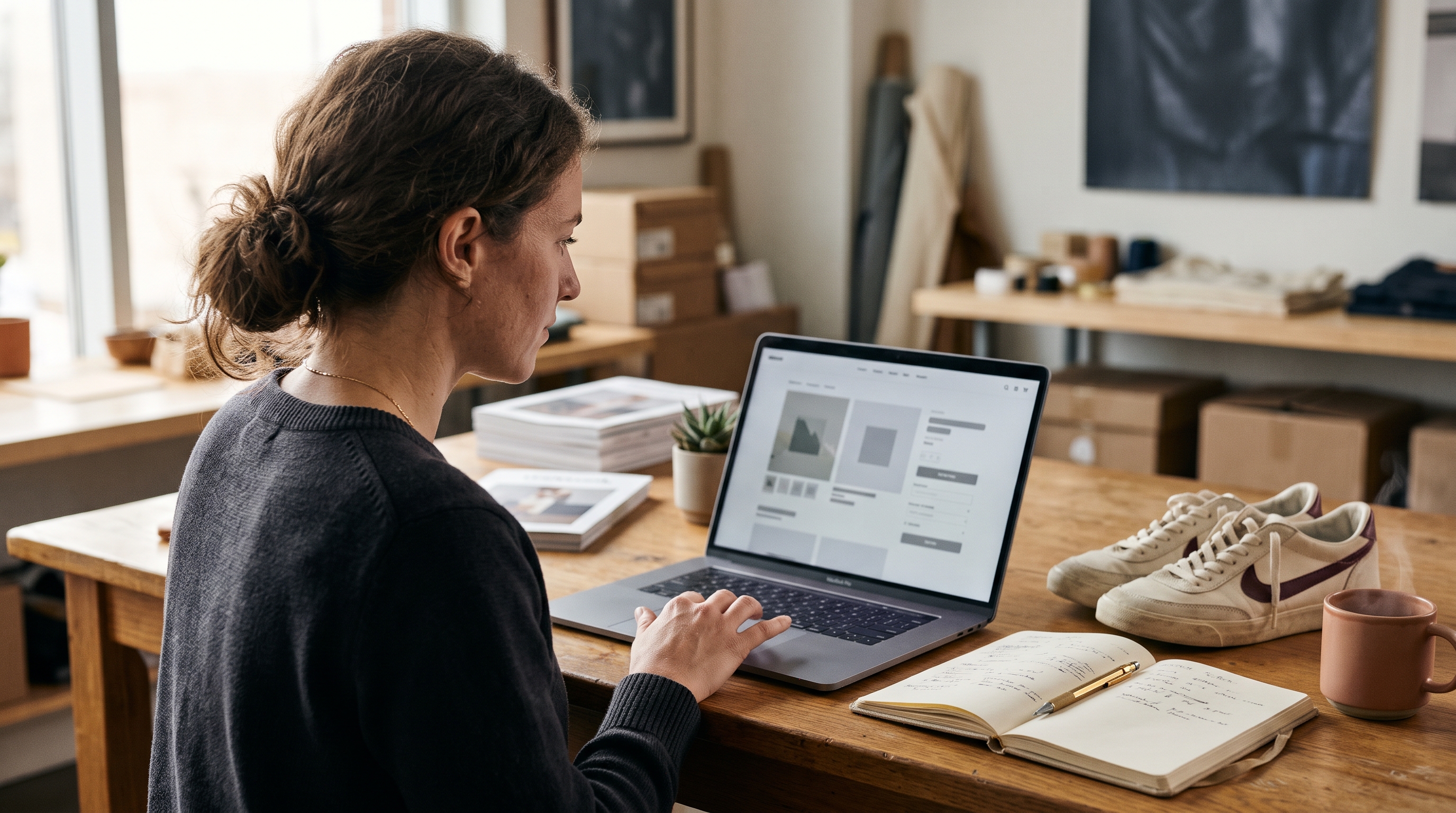 Store owner comparing product page layouts on a laptop beside a sneaker and a notebook at a wooden desk