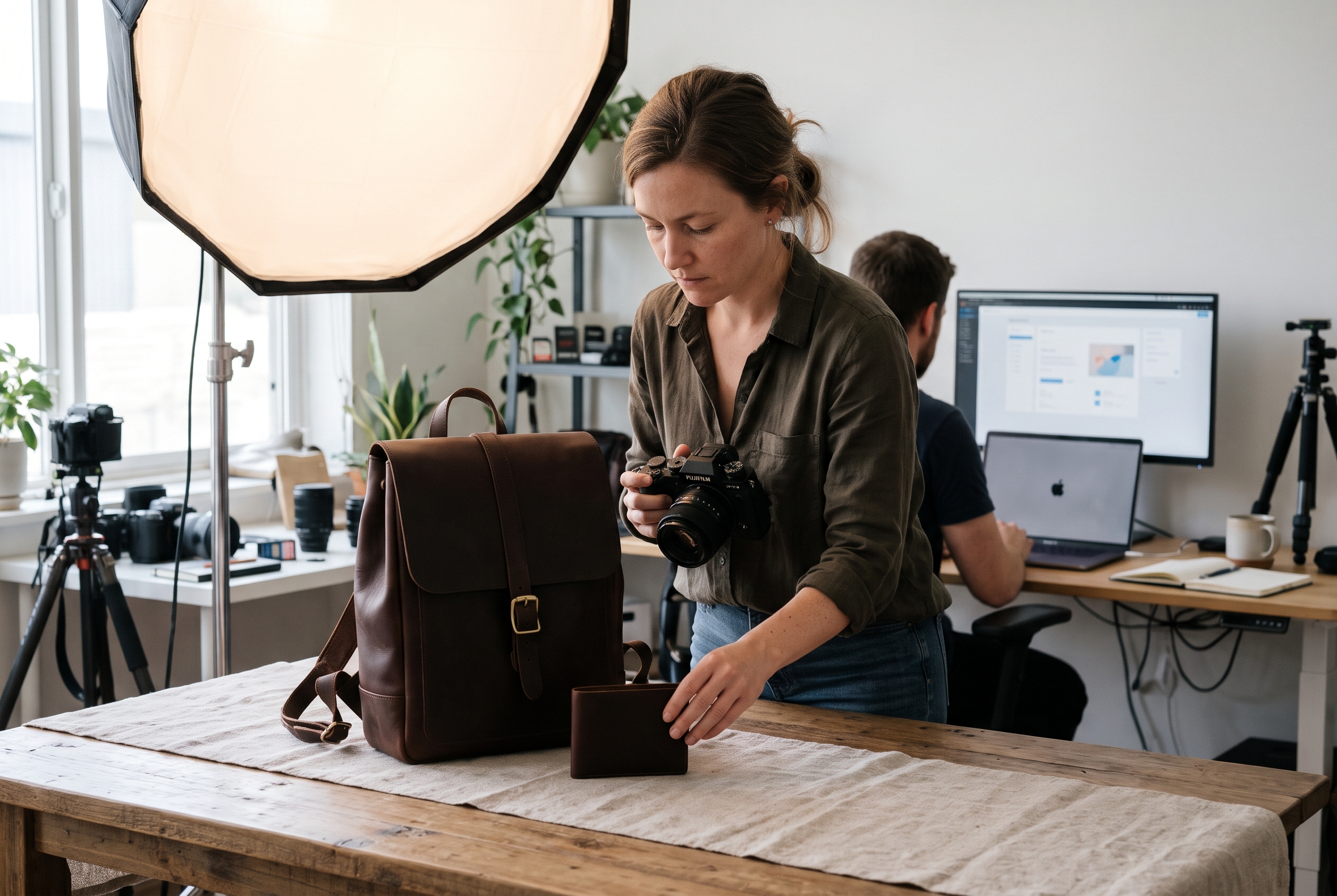 Photographer arranging a leather wallet and bag on a table with a softbox light for product page images