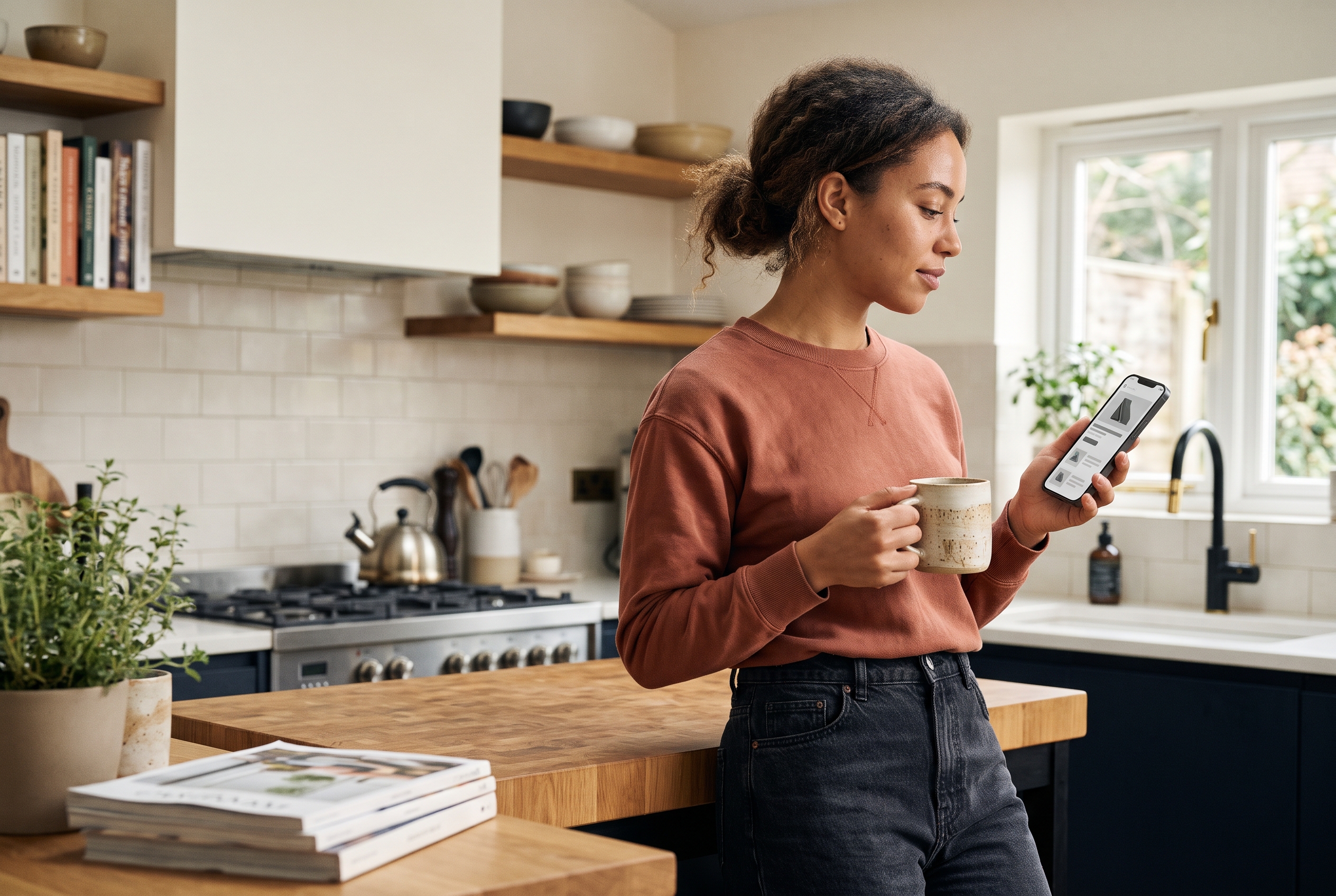 Shopper scrolling a product page on a smartphone while standing in a bright kitchen holding a coffee mug