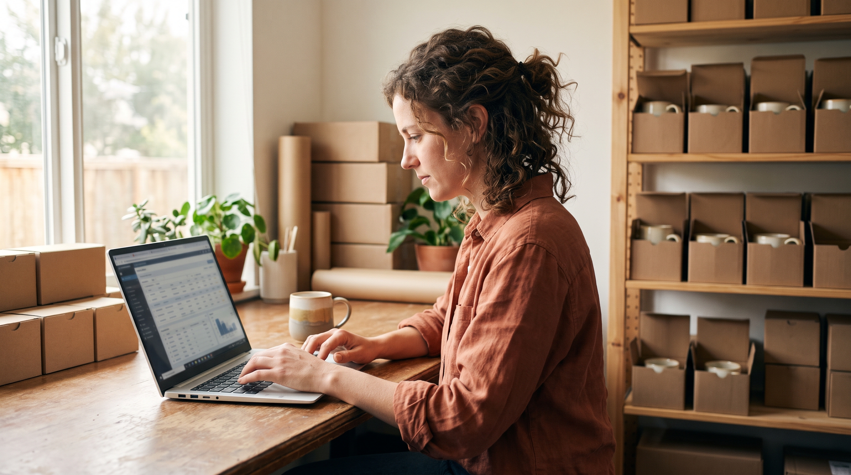 Store owner typing structured data into a laptop beside a shelf of boxed ceramic mugs in a bright home studio