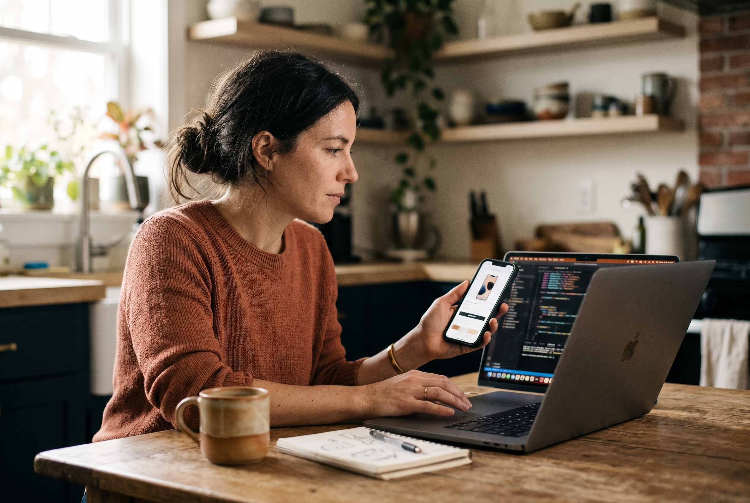 Merchant comparing a product page on her phone with the code editor on her laptop at a kitchen table
