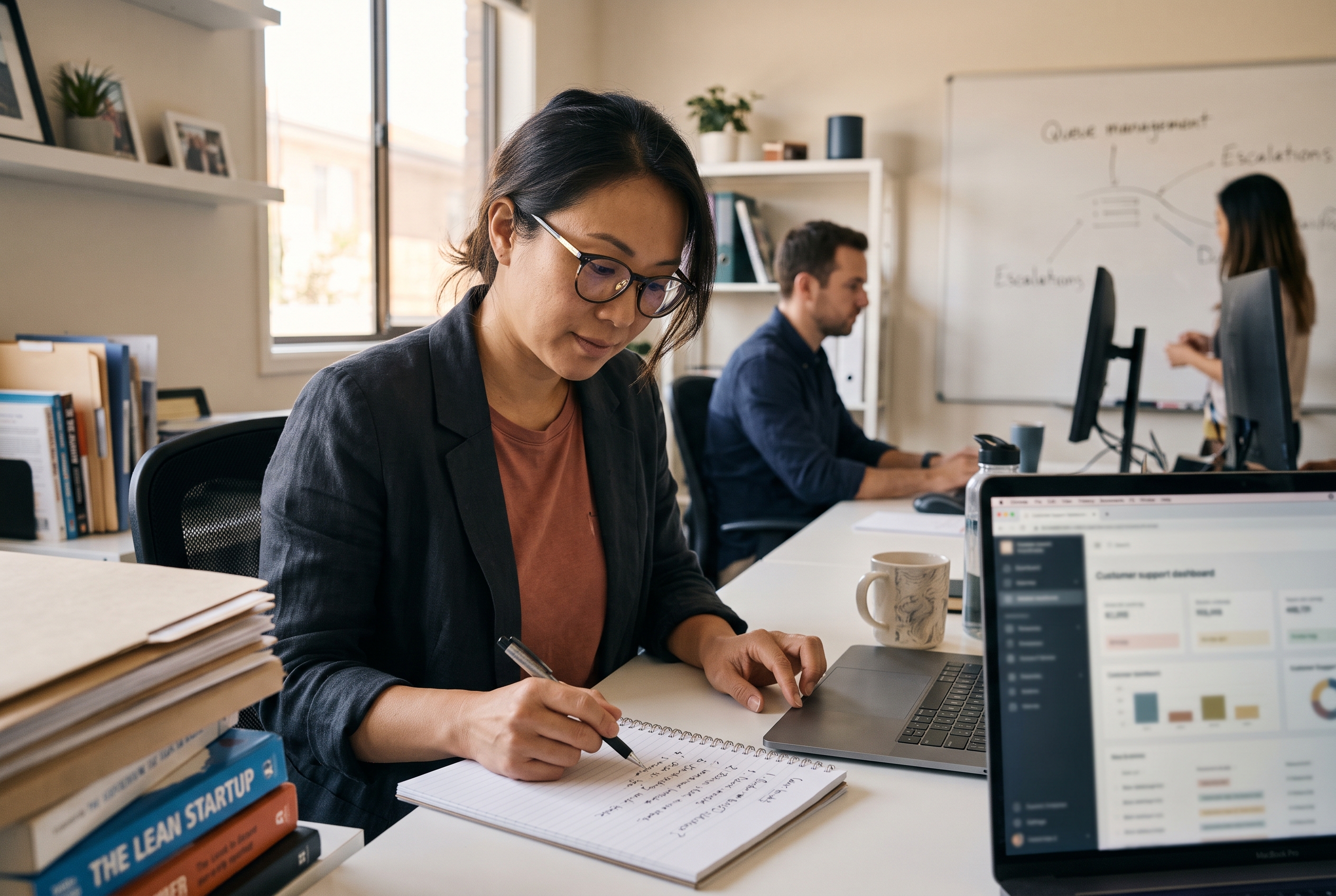 Customer support owner reading a list of shopper questions on a notebook next to a laptop in a small office