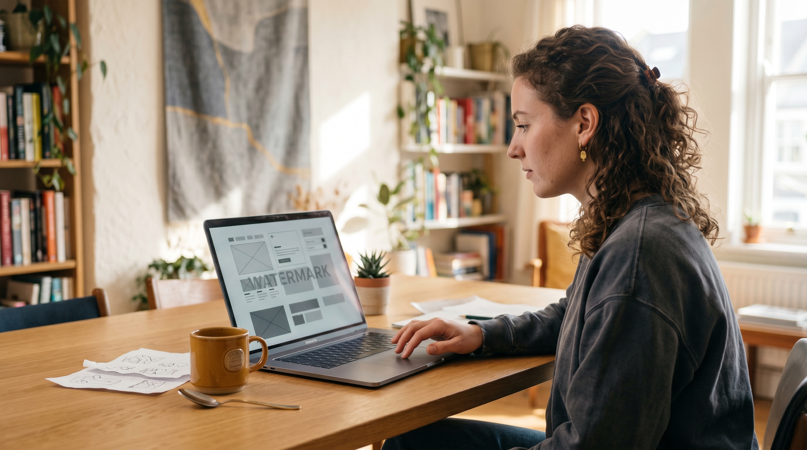 Designer reviewing watermarked template files on a laptop in a bright home studio with a coffee mug beside the keyboard