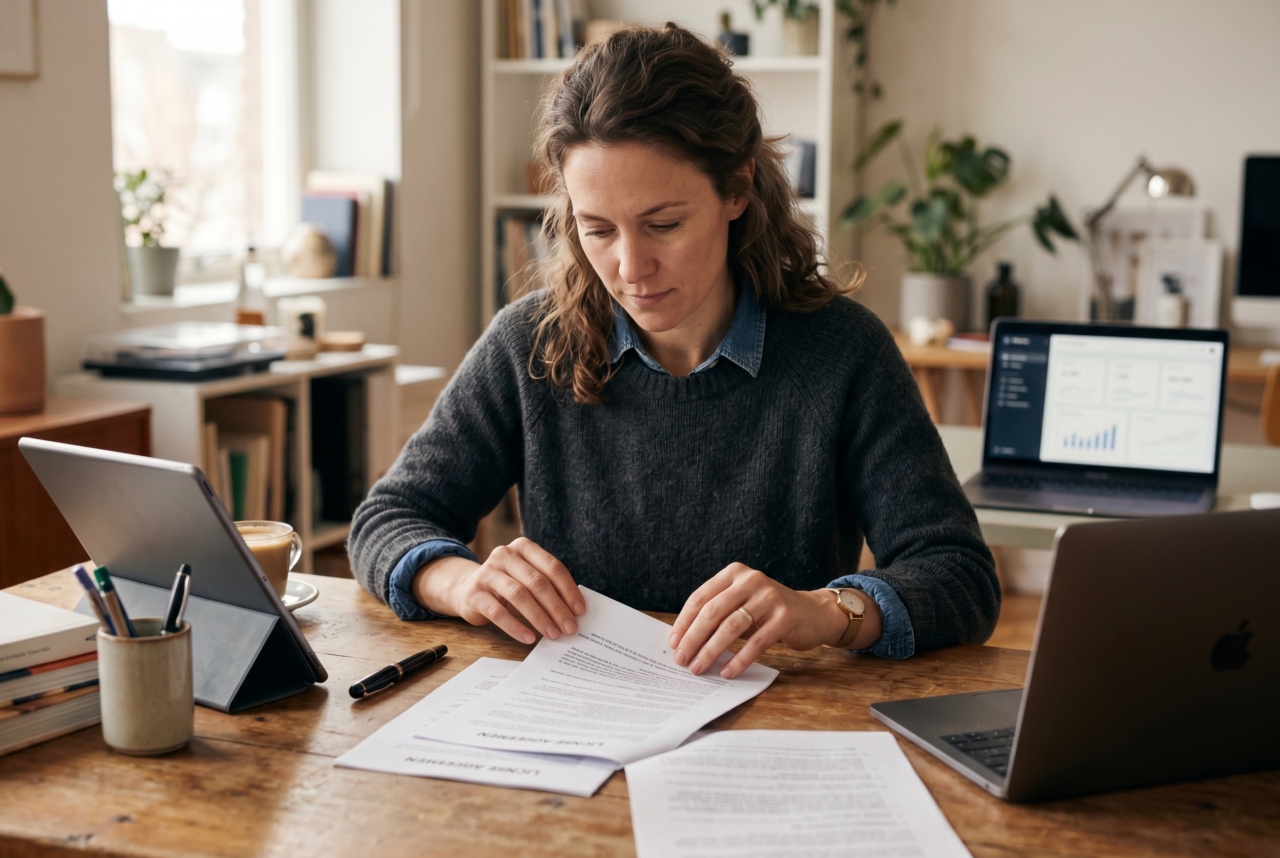 Small business owner reading a printed license agreement at a wooden desk with a tablet and pen nearby in afternoon light