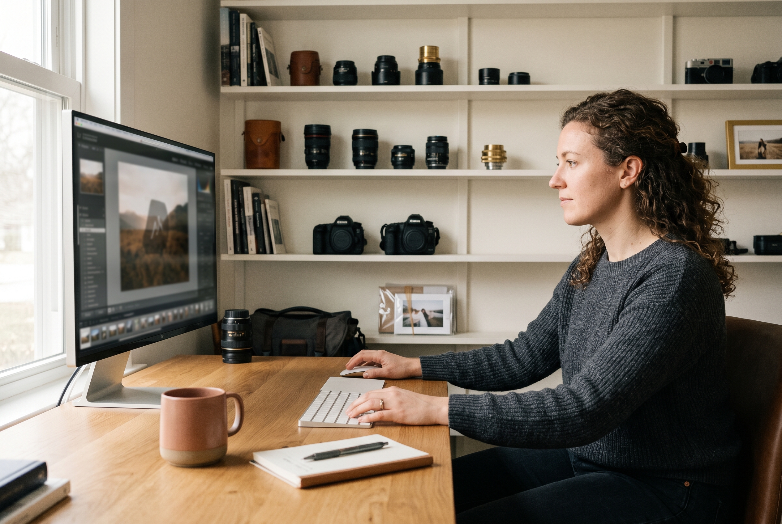 Photographer adding a watermark to images on a wide monitor in a tidy studio with camera gear on a shelf behind