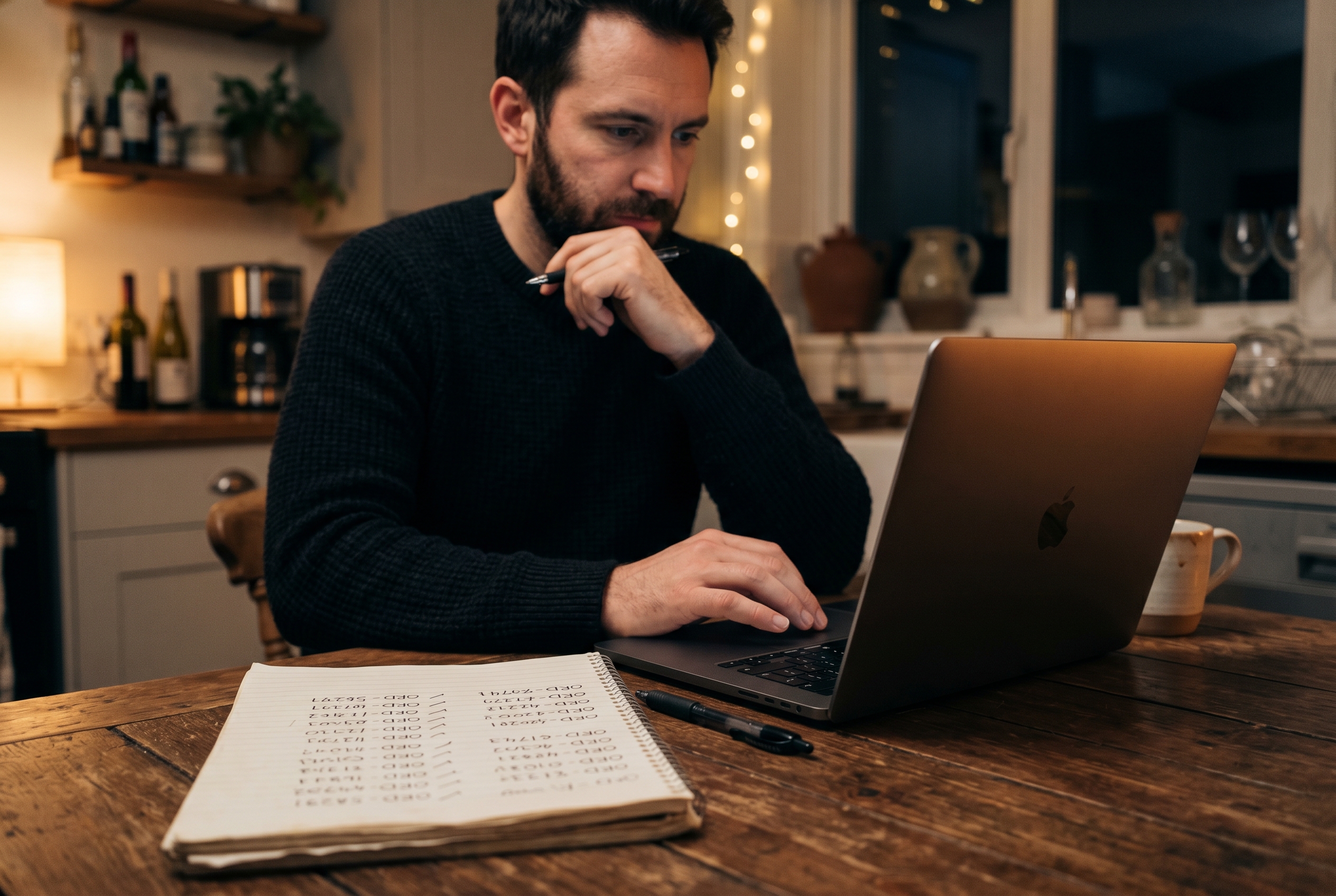 Founder searching for leaked files on a laptop at a kitchen table at night with a notebook of order numbers open