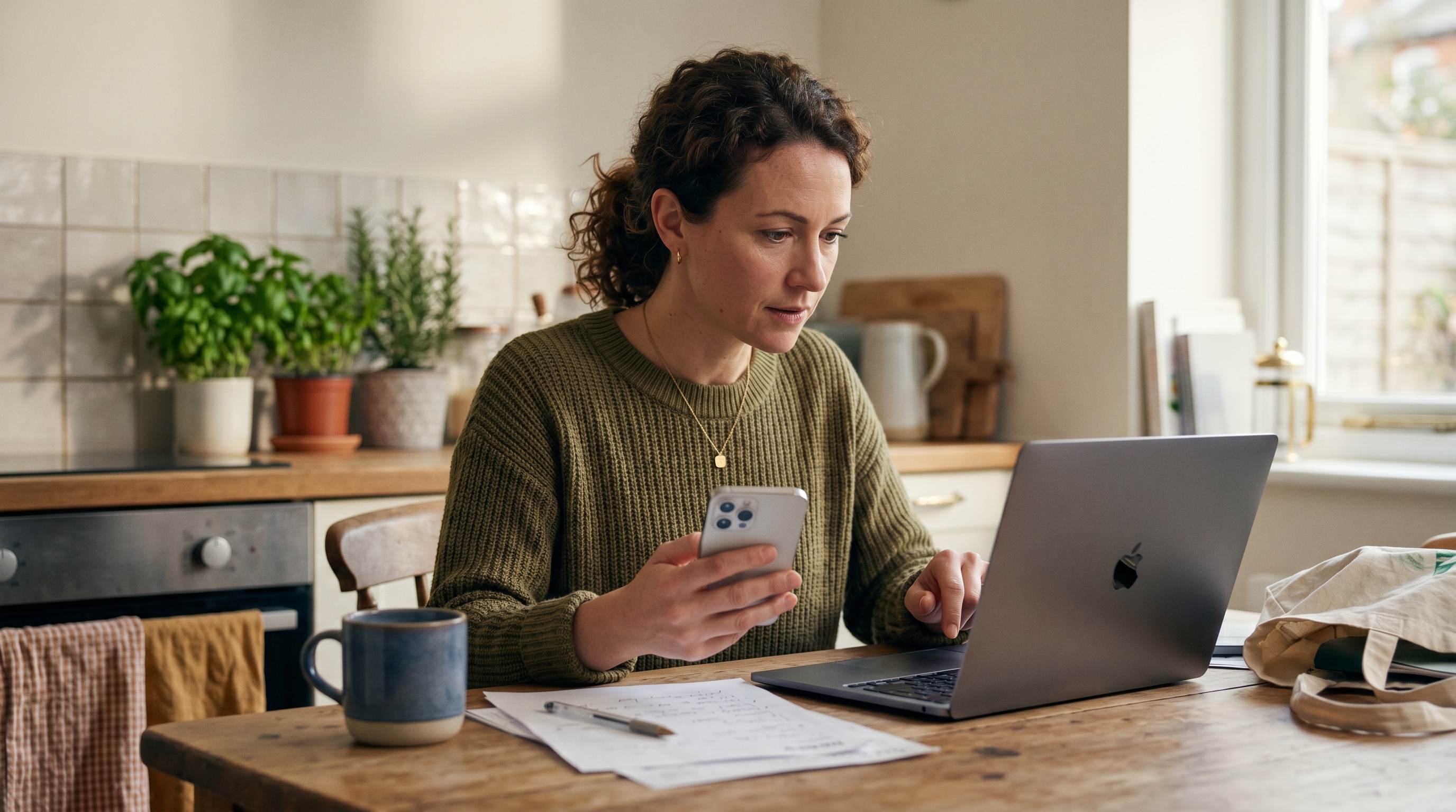 Small business owner comparing a phone and a laptop side by side at a kitchen table with order paperwork nearby