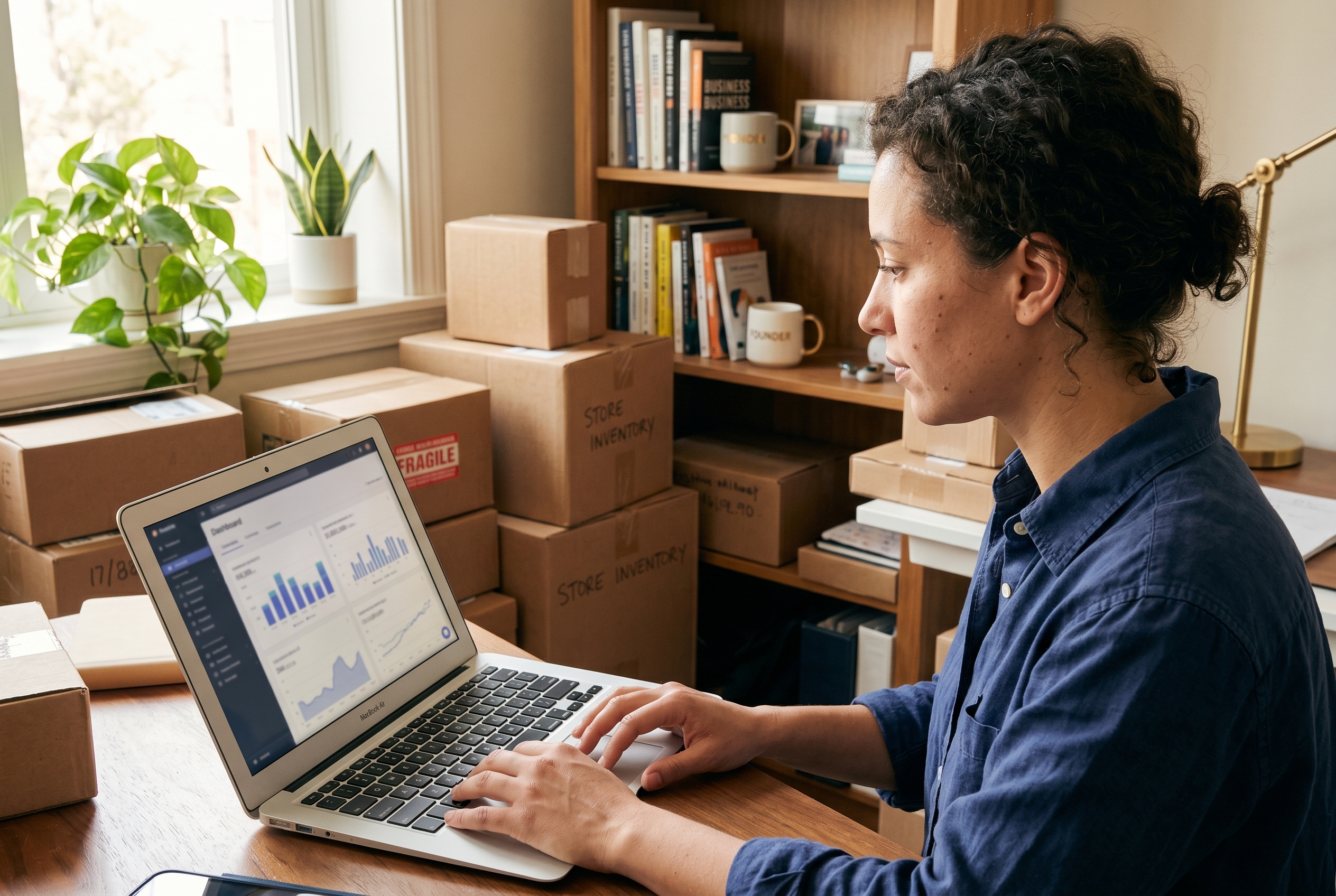 Founder reviewing mobile store analytics on a laptop in a sunlit home office with shipping boxes stacked behind the desk