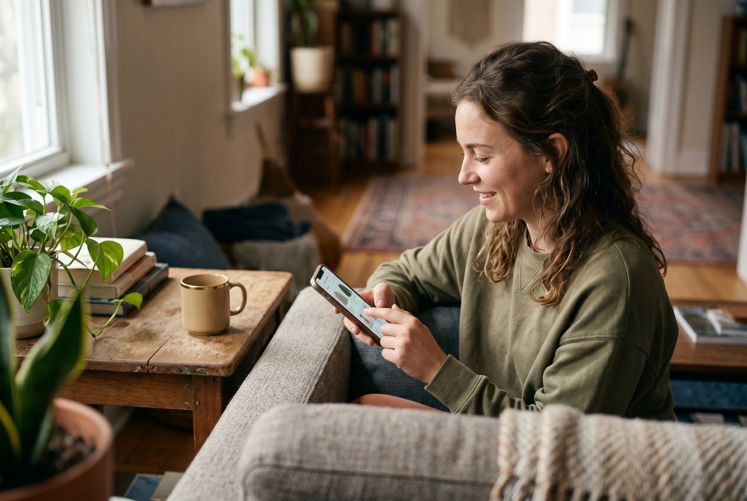 Customer tapping through a fast-loading online store on a smartphone while sitting on a couch with a coffee mug on the side table