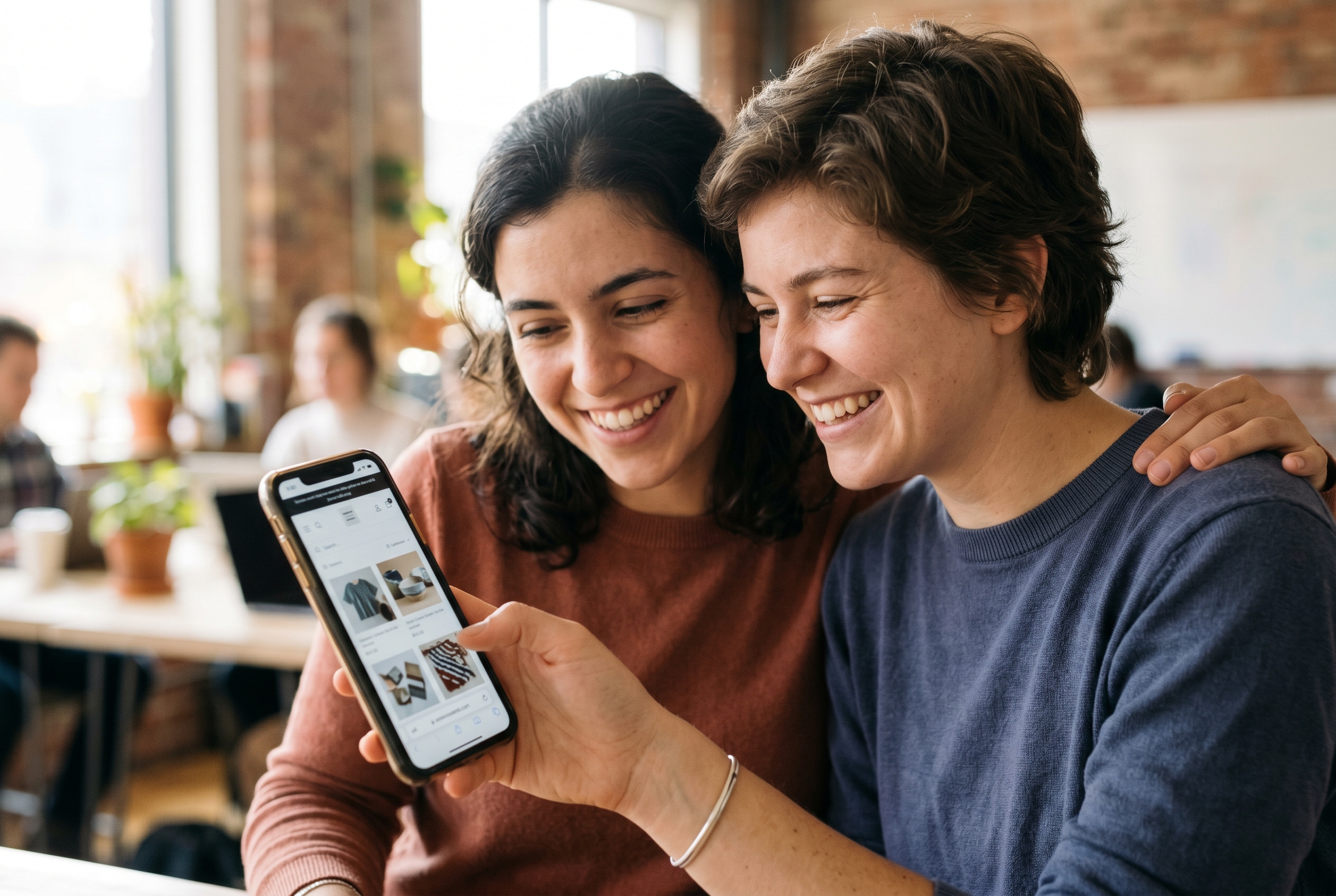 Two founders smiling while looking at a phone showing their live mobile store in a bright coworking space