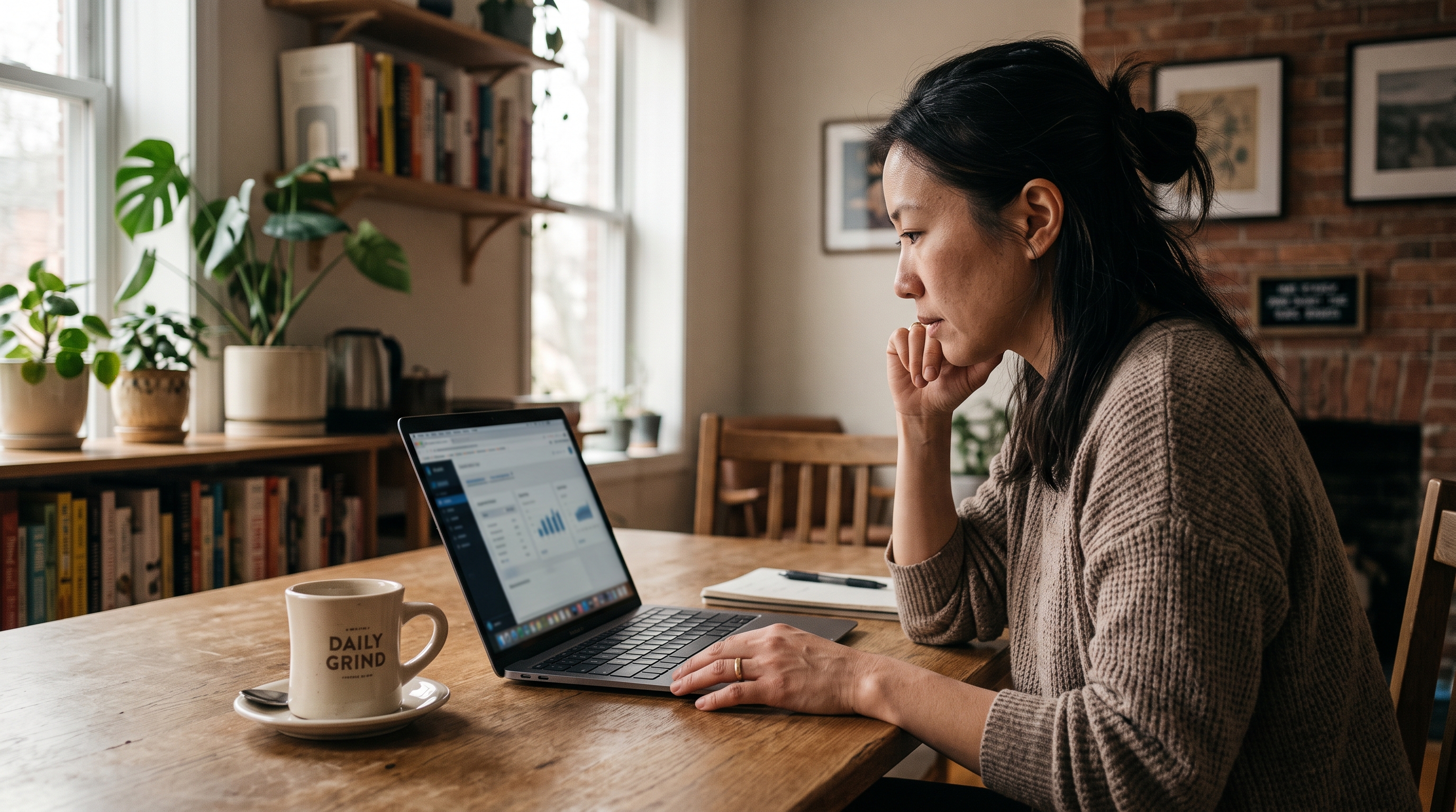 Small business owner reviewing an agency proposal on a laptop at a kitchen table with a coffee mug nearby