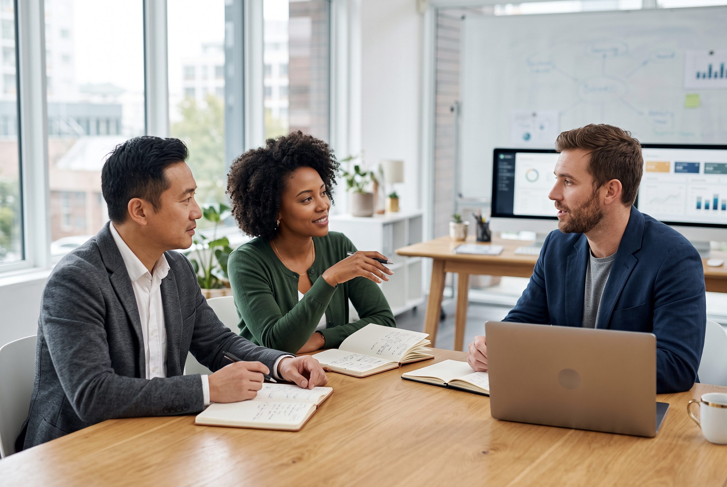 Two business partners interviewing an agency representative across a table in a bright meeting room with notebooks open