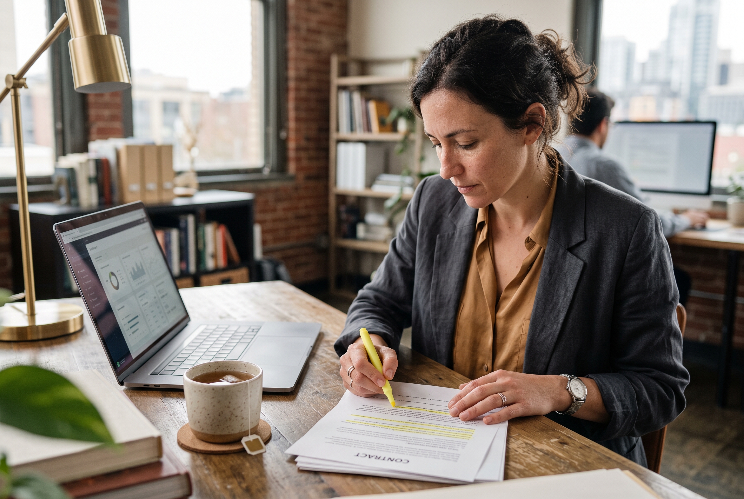 Founder marking up a printed contract with a yellow highlighter at a desk beside a laptop and a cup of tea