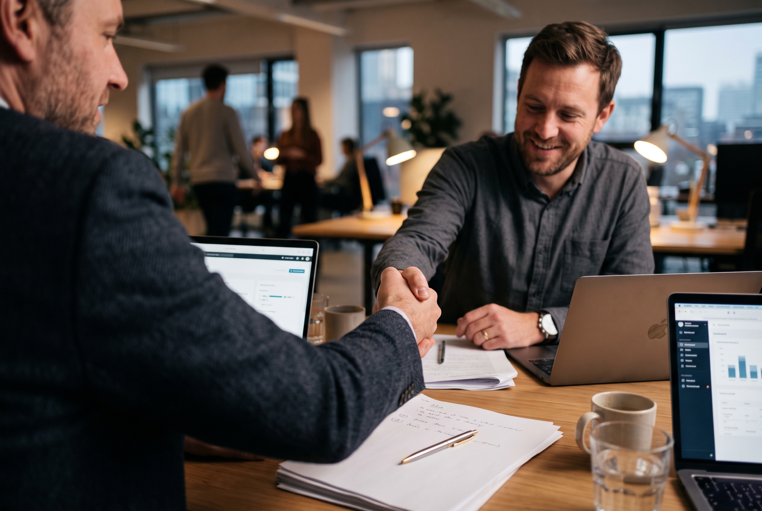 Two colleagues shaking hands across a desk after a meeting with signed paperwork and laptops between them