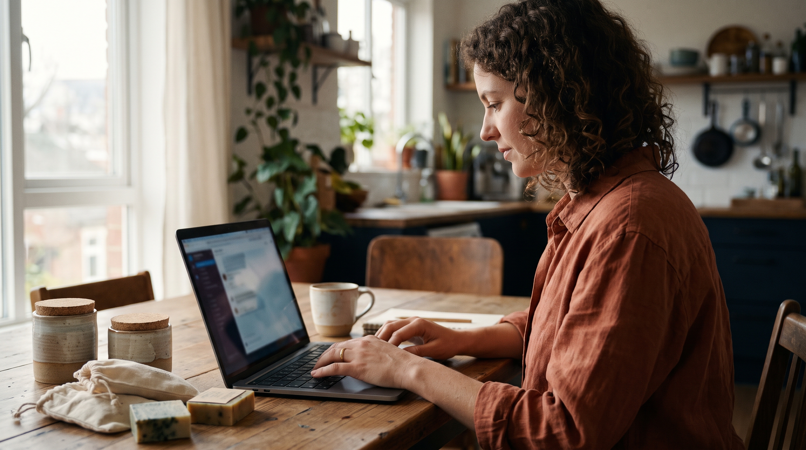 Store owner typing a redesign request into a laptop chat window at a kitchen table with product samples beside her