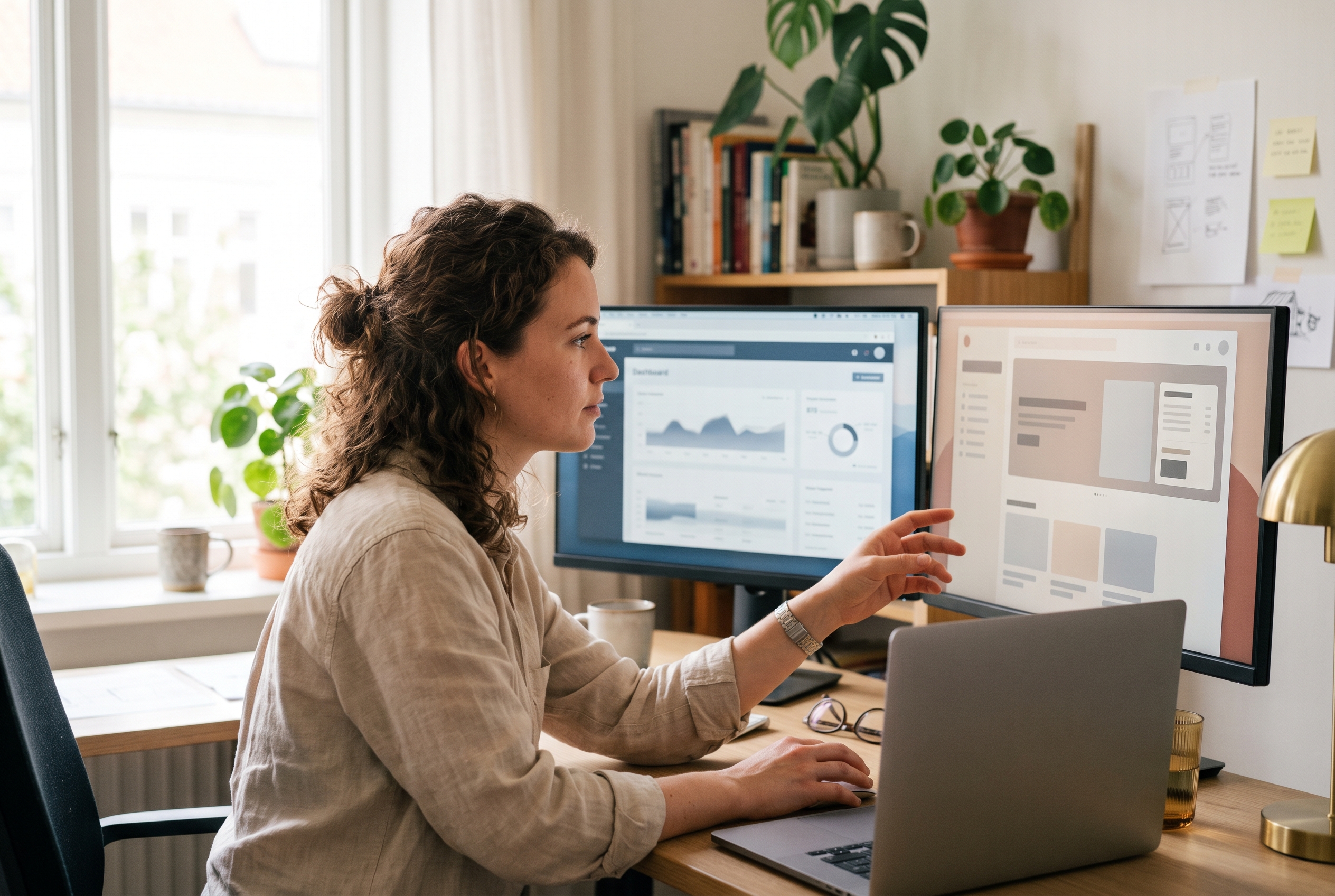 Designer comparing an old and a redesigned storefront homepage on two monitors in a bright home office