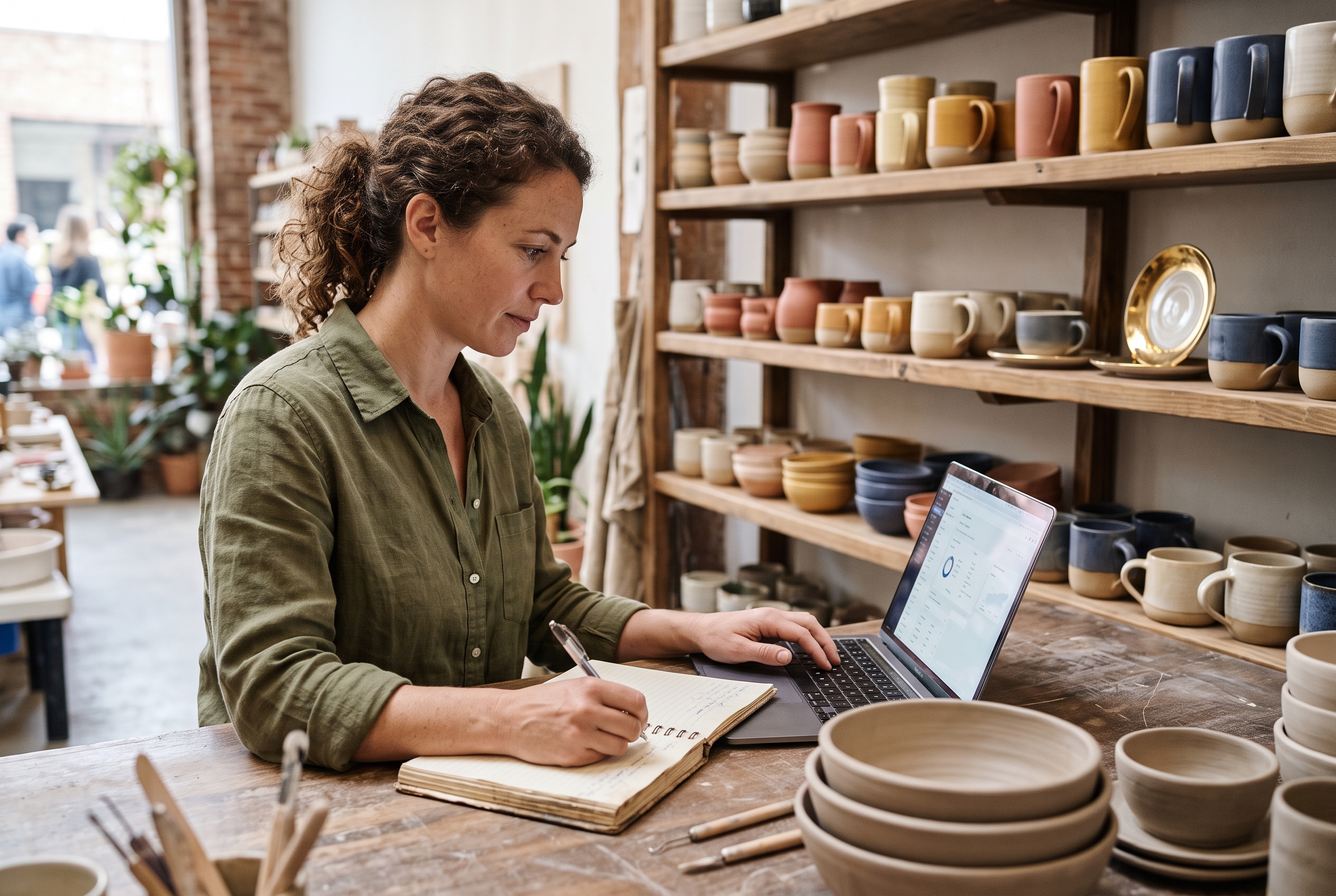 Shop owner reading prompt ideas from a notebook while typing into a laptop beside shelves of ceramic mugs