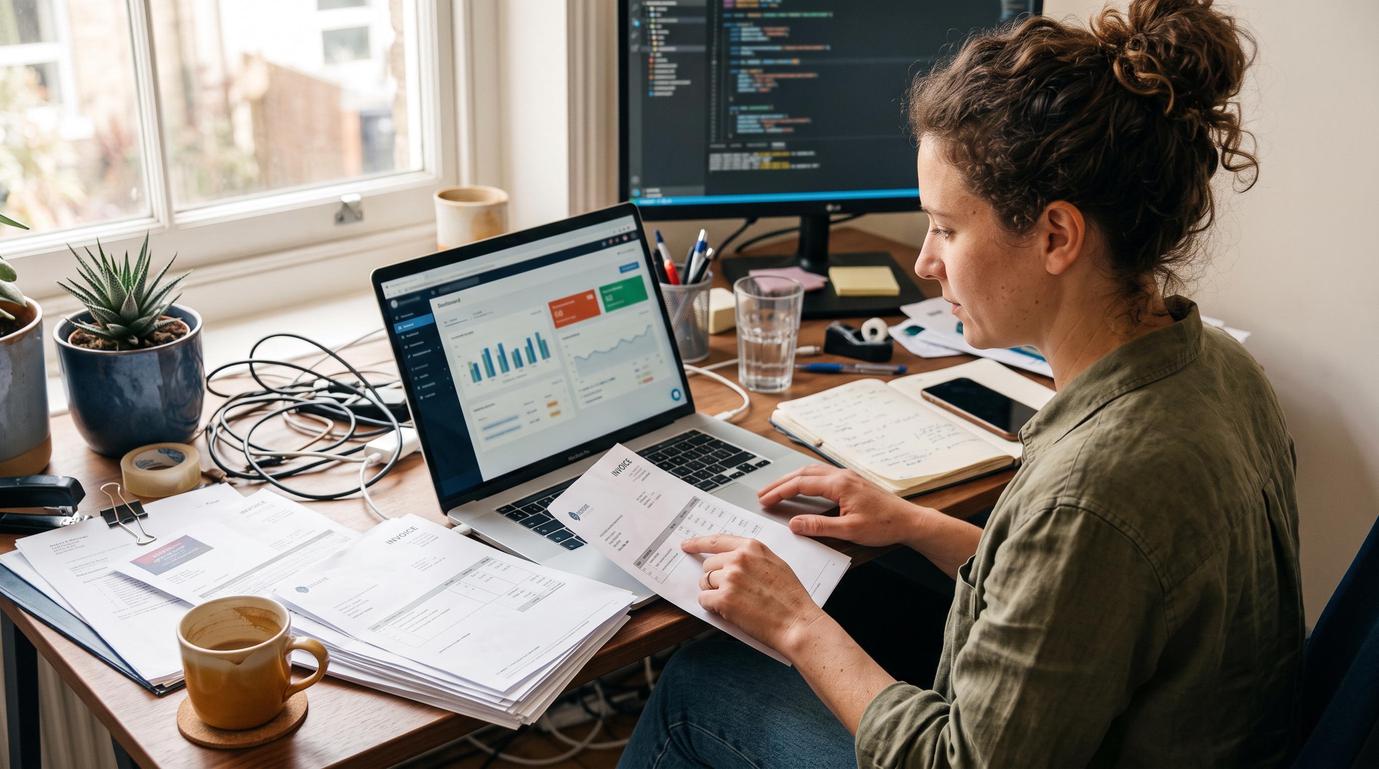 Small business owner reviewing a stack of app invoices on a laptop at a cluttered home-office desk with coffee