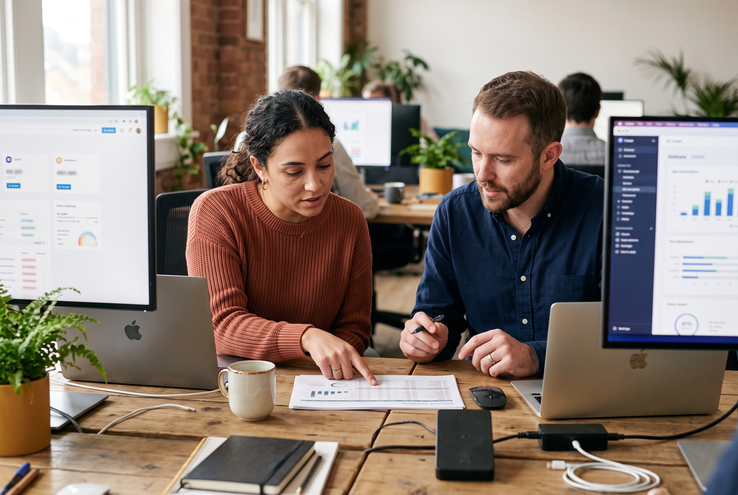 Two ecommerce team members going through a printed spreadsheet of app subscriptions at a shared desk with dual monitors