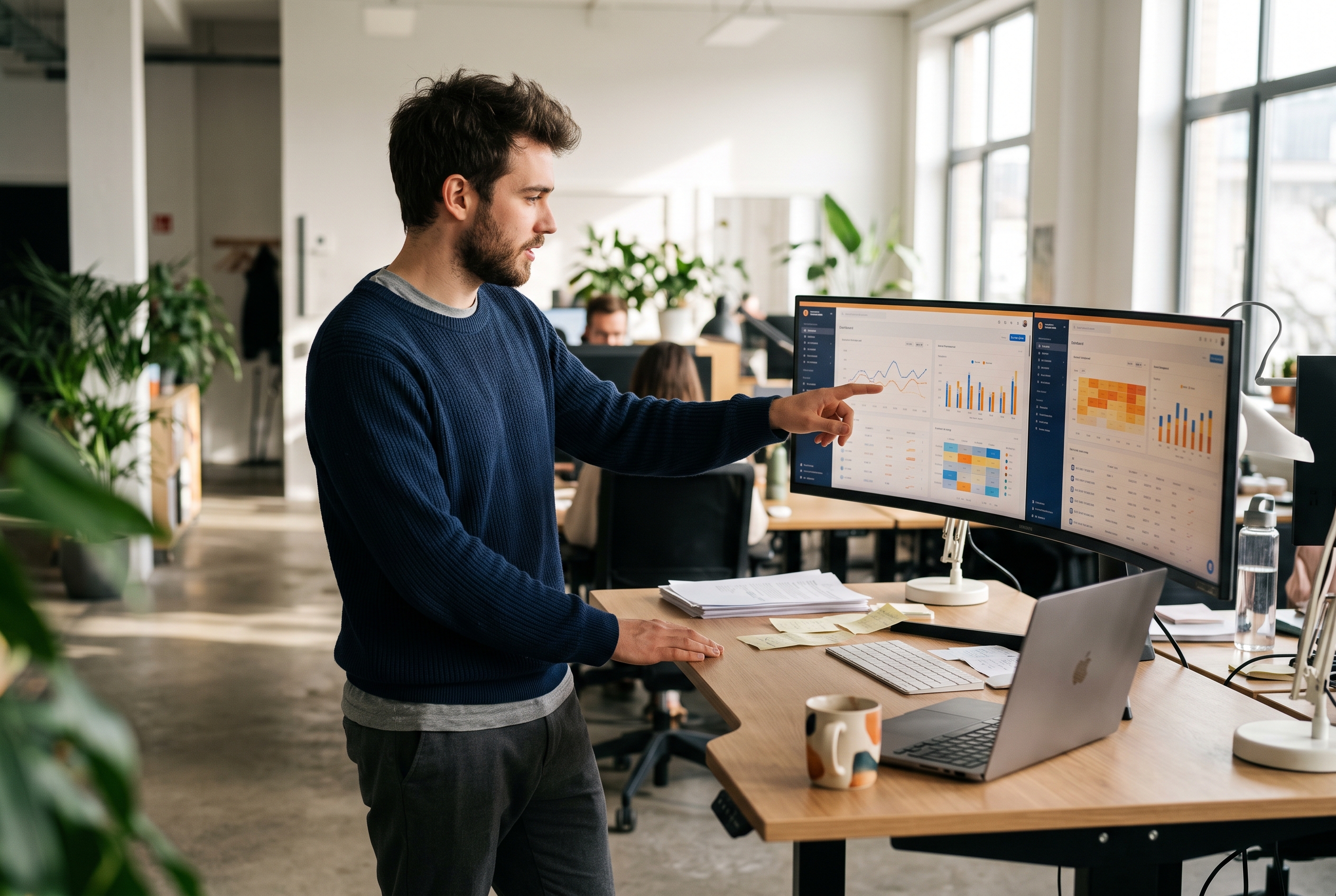 Founder comparing two dashboards side by side on a wide monitor in a bright modern office with plants