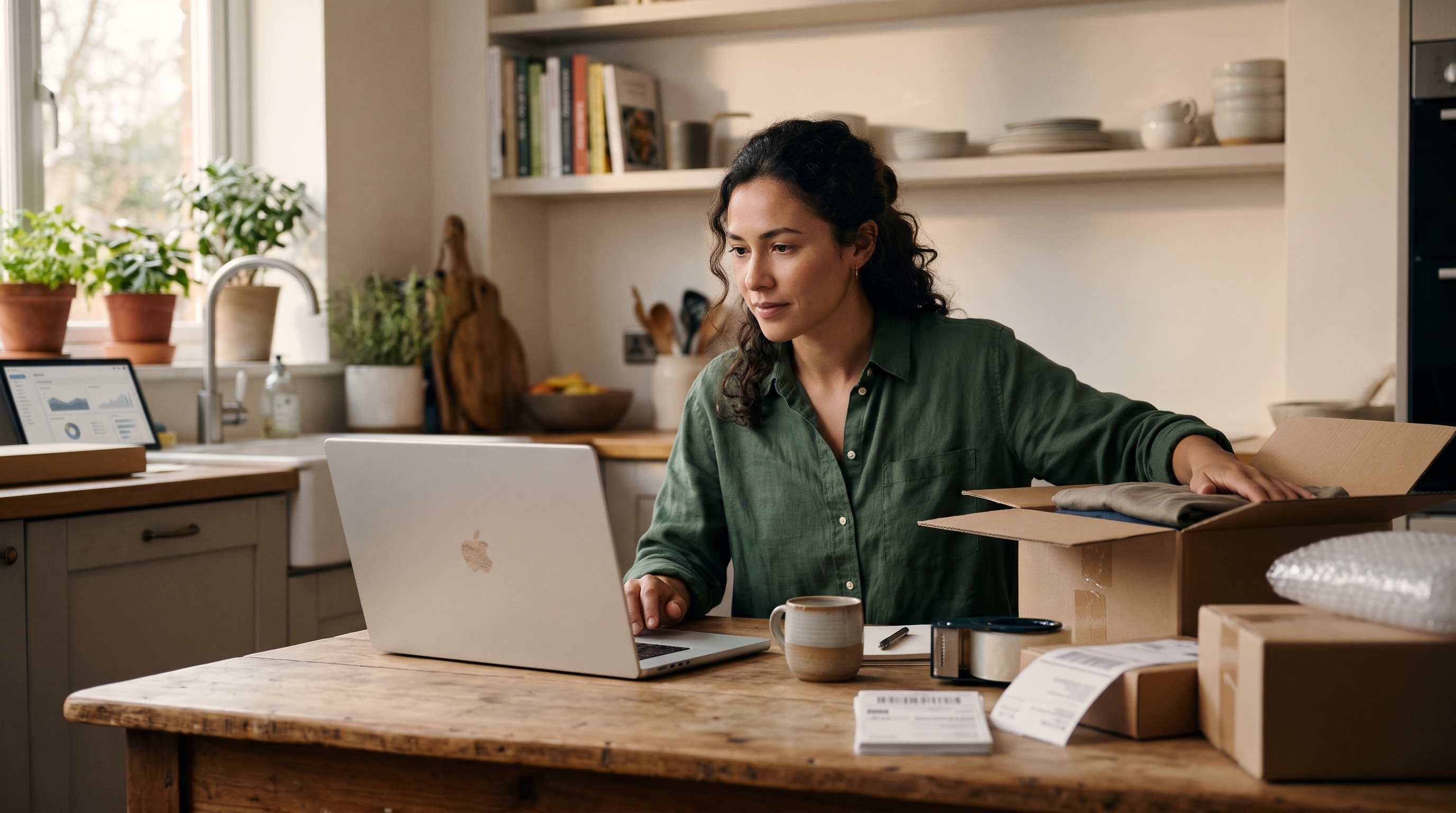 Store owner at a kitchen table reading a customer review on a laptop while packing orders beside her