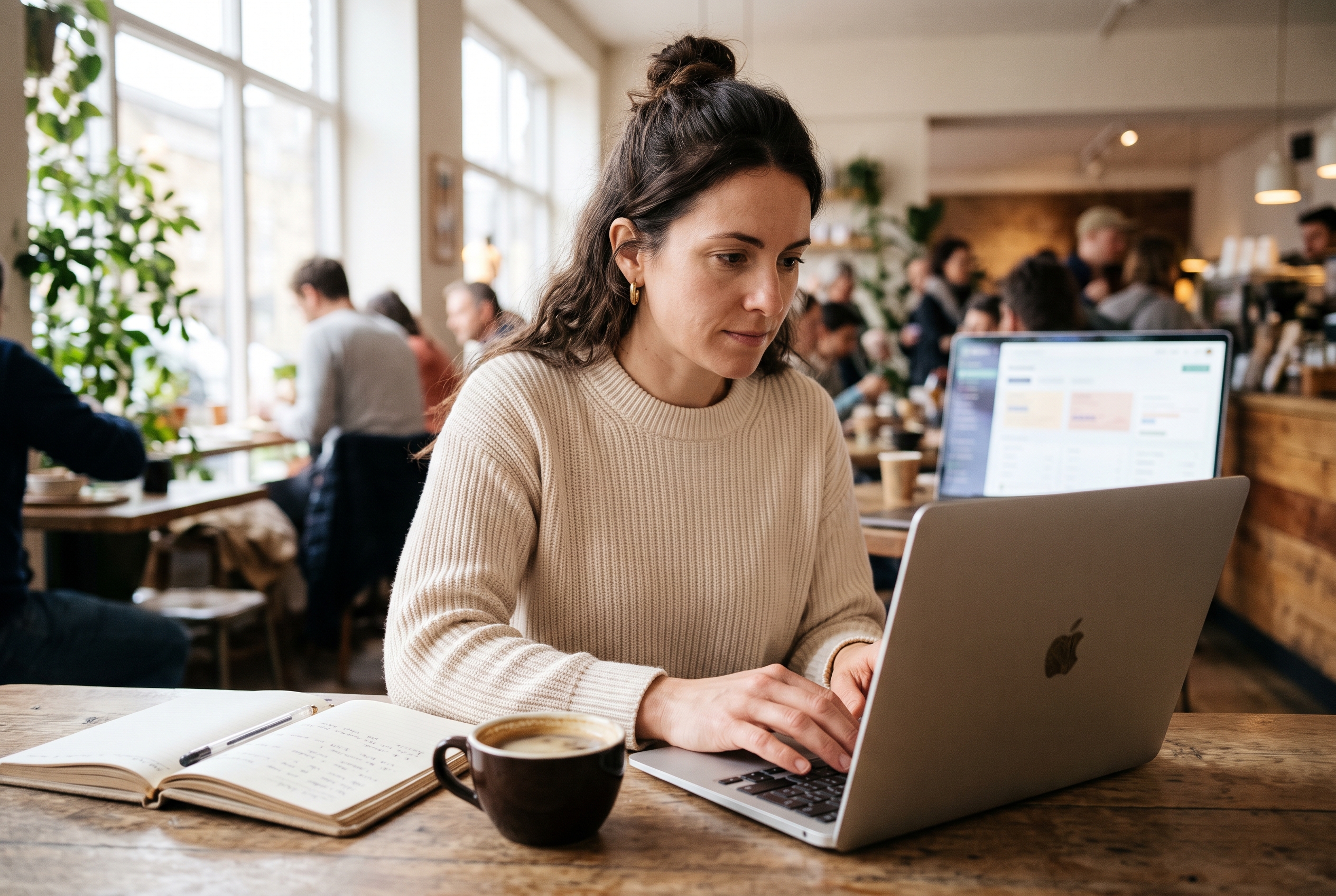 Small business owner typing a customer service prompt into ChatGPT on a laptop beside a coffee and a notebook