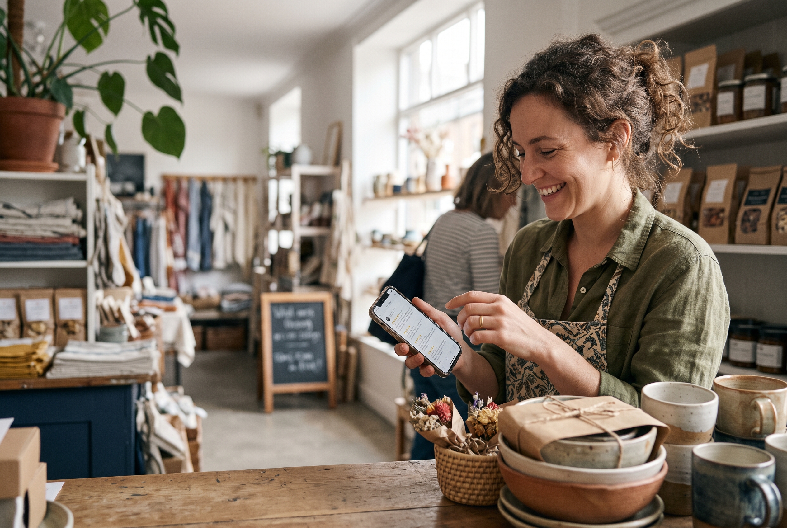Shop owner smiling while reading positive customer reviews on a phone next to wrapped handmade products