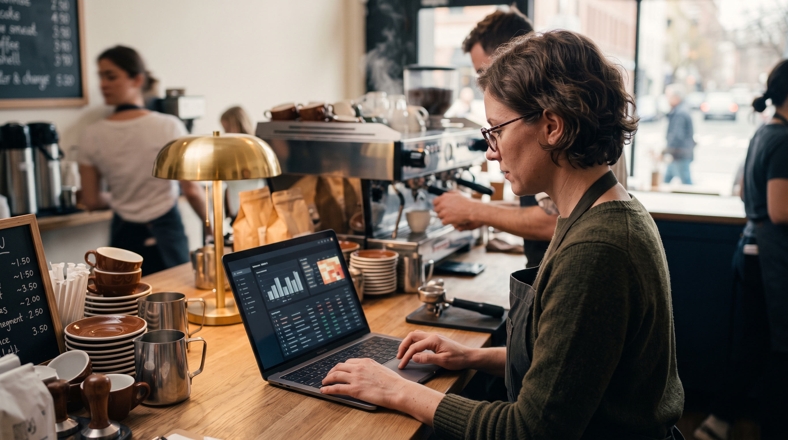 Restaurant owner updating menu prices on a laptop at the counter of a busy cafe during morning prep